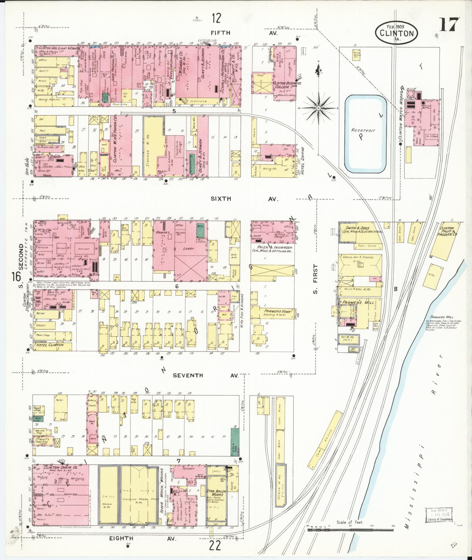 Sanborn Fire Insurance Map from Clinton, Clinton County, Iowa (1909), Sheet #0017 - Historic Sanborn Fire Insurance Map Print, vintage old map wall art