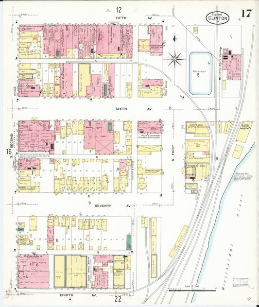 Sanborn Fire Insurance Map from Clinton, Clinton County, Iowa (1909), Sheet #0017 - Historic Sanborn Fire Insurance Map Print, vintage old map wall art