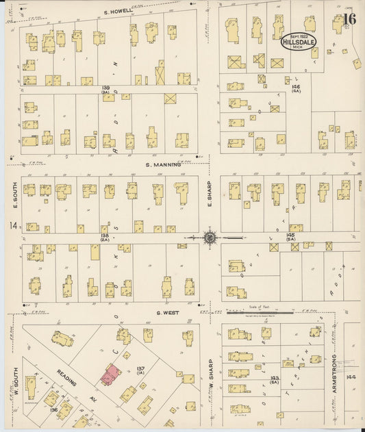 Sanborn Fire Insurance Map from Hillsdale, Hillsdale County, Michigan (1922), Sheet #0016 - Historic Sanborn Fire Insurance Map Print, vintage old map wall art, antique decor, genealogy gift, Michigan Michigan map