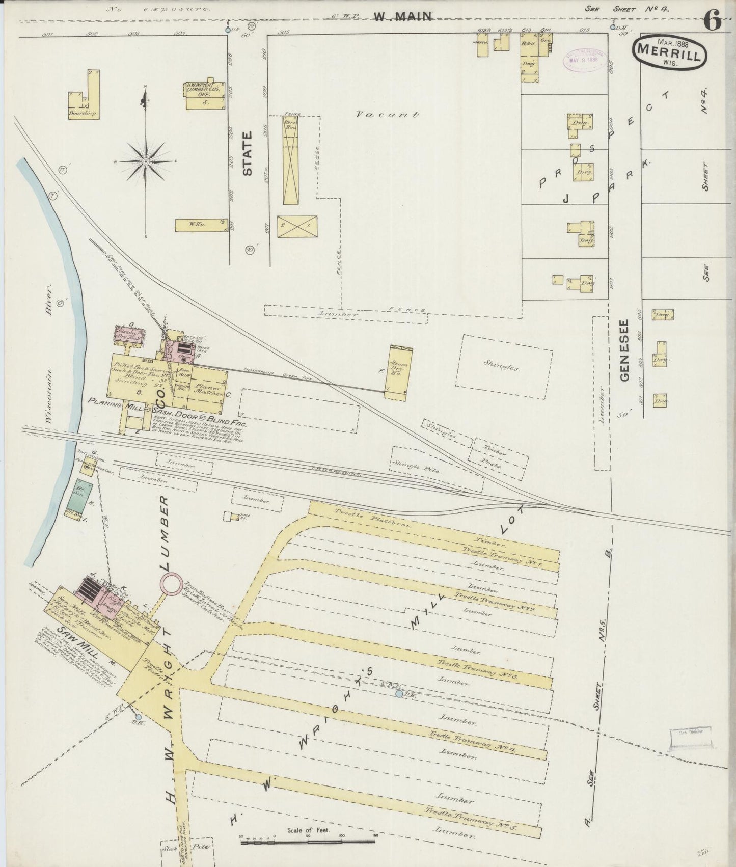 Sanborn Fire Insurance Map from Merrill, Lincoln County, Wisconsin (1888), Sheet #0006 - Historic Sanborn Fire Insurance Map Print, vintage old map wall art, antique decor, genealogy gift, Wisconsin Wisconsin map
