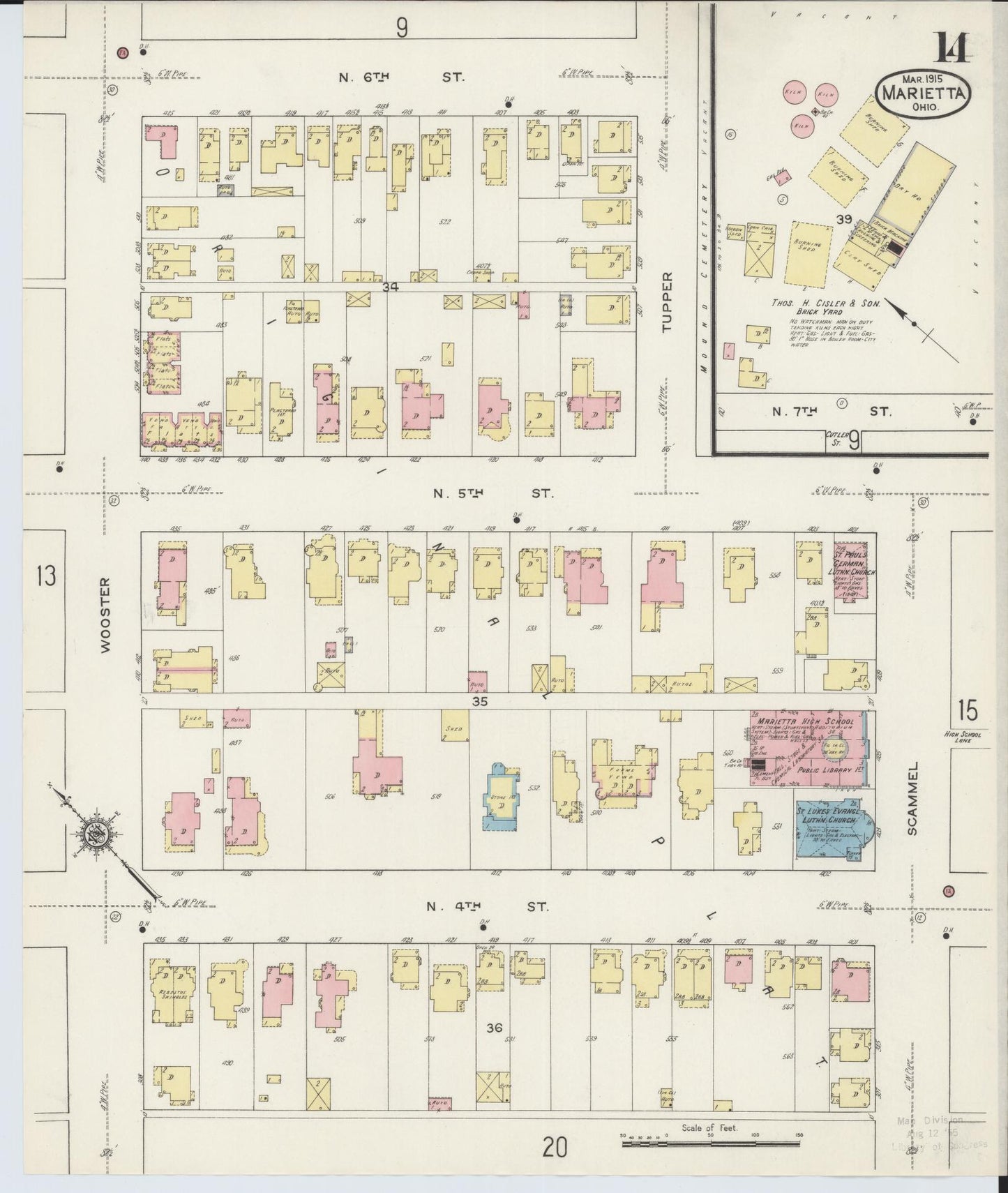 Sanborn Fire Insurance Map from Marietta, Washington County, Ohio (1915), Sheet #0014 - Historic Sanborn Fire Insurance Map Print, vintage old map wall art, antique decor, genealogy gift, Ohio Ohio map