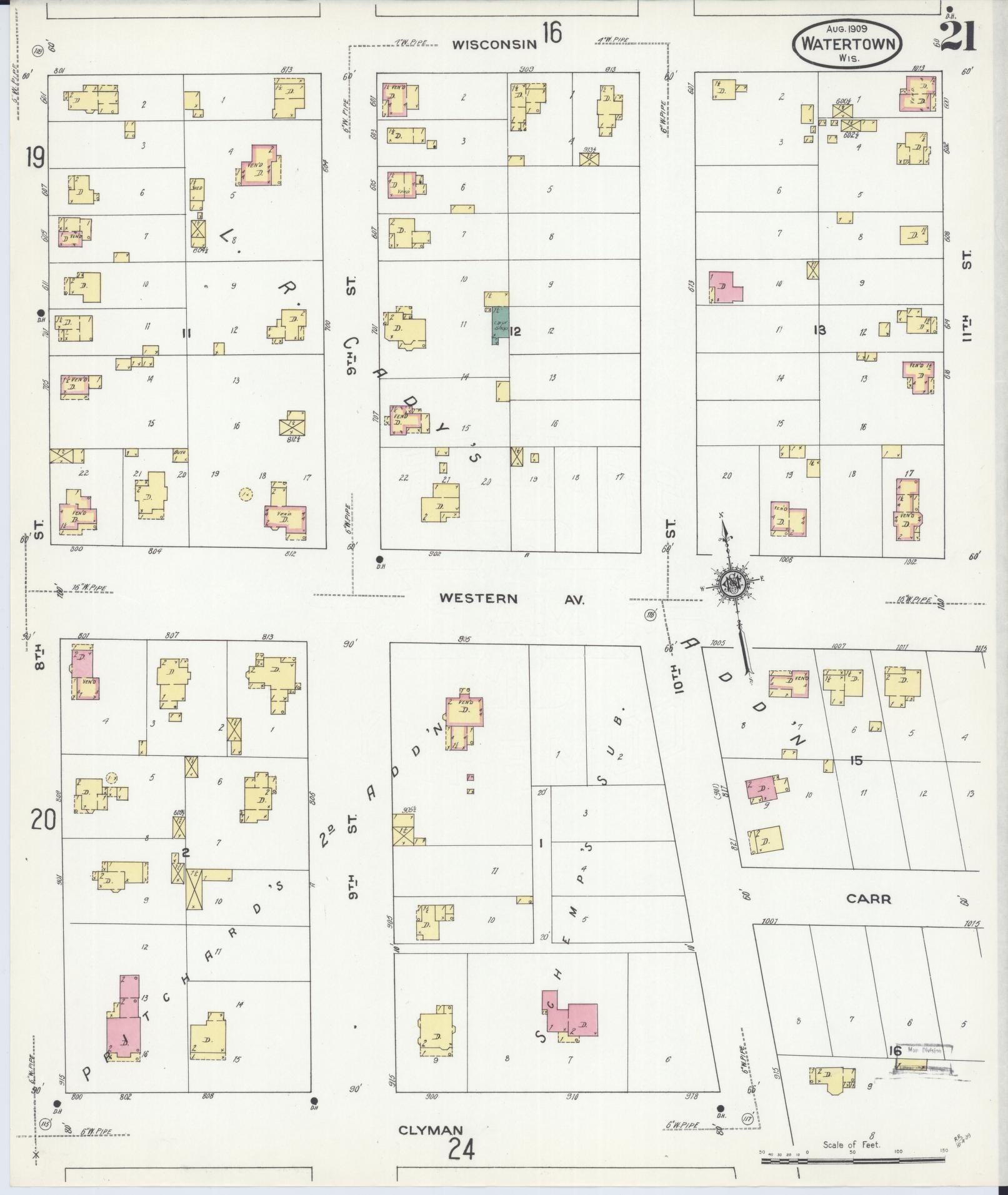 Sanborn Fire Insurance Map from Watertown, Jefferson County, Wisconsin (1909), Sheet #0021 - Complete Map Set gallery image, historic Sanborn map, vintage wall art, Wisconsin Wisconsin
