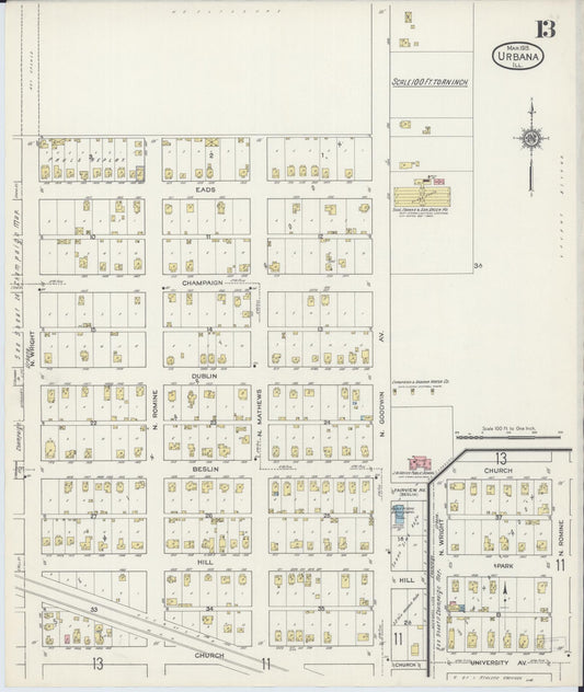Sanborn Fire Insurance Map from Urbana, Champaign County, Illinois (1915), Sheet #0013 - Historic Sanborn Fire Insurance Map Print, vintage old map wall art, antique decor, genealogy gift, Illinois Illinois map