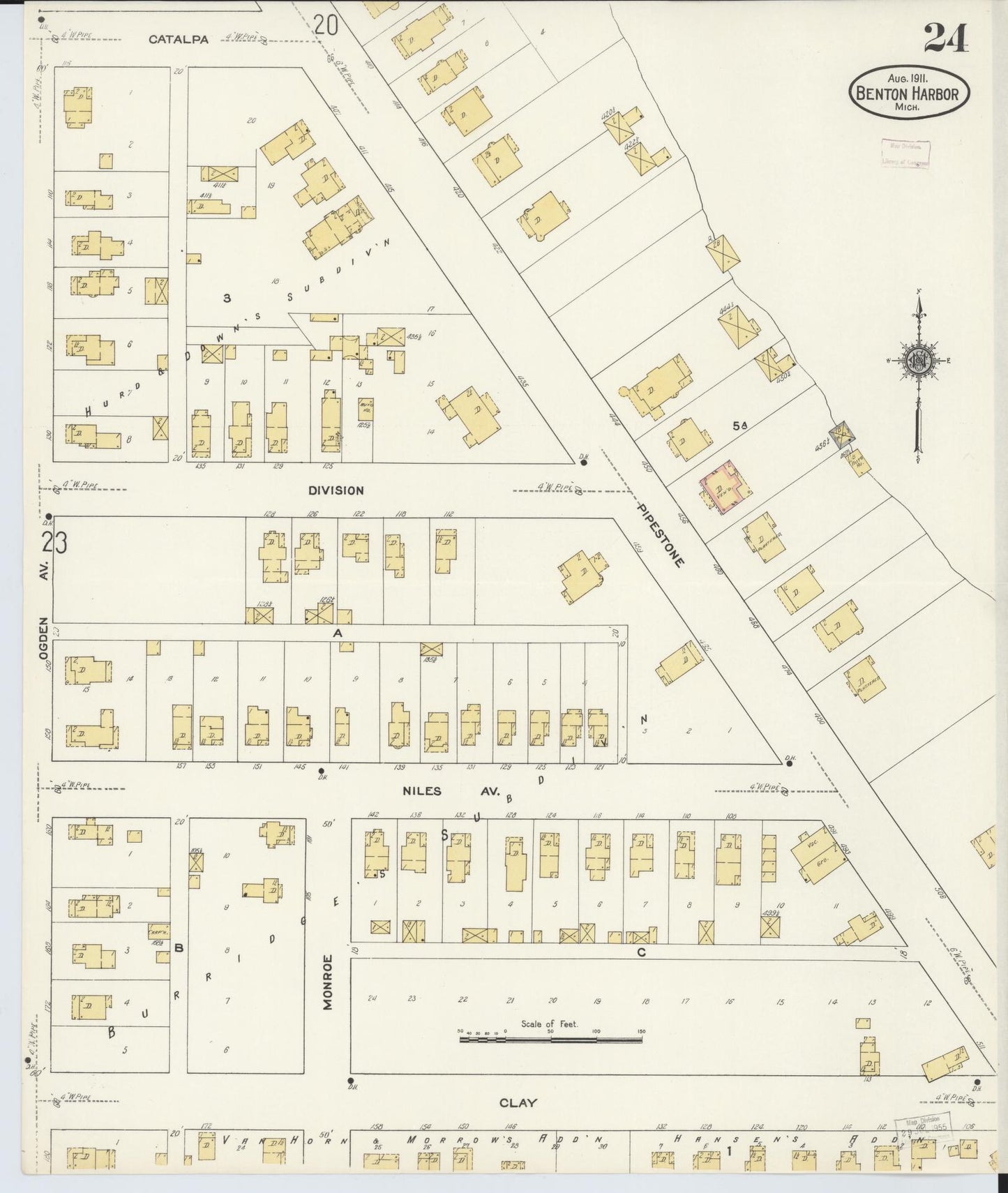 Sanborn Fire Insurance Map from Benton Harbor, Berrien County, Michigan (1911), Sheet #0024 - Historic Sanborn Fire Insurance Map Print, vintage old map wall art, antique decor, genealogy gift, Michigan Michigan map