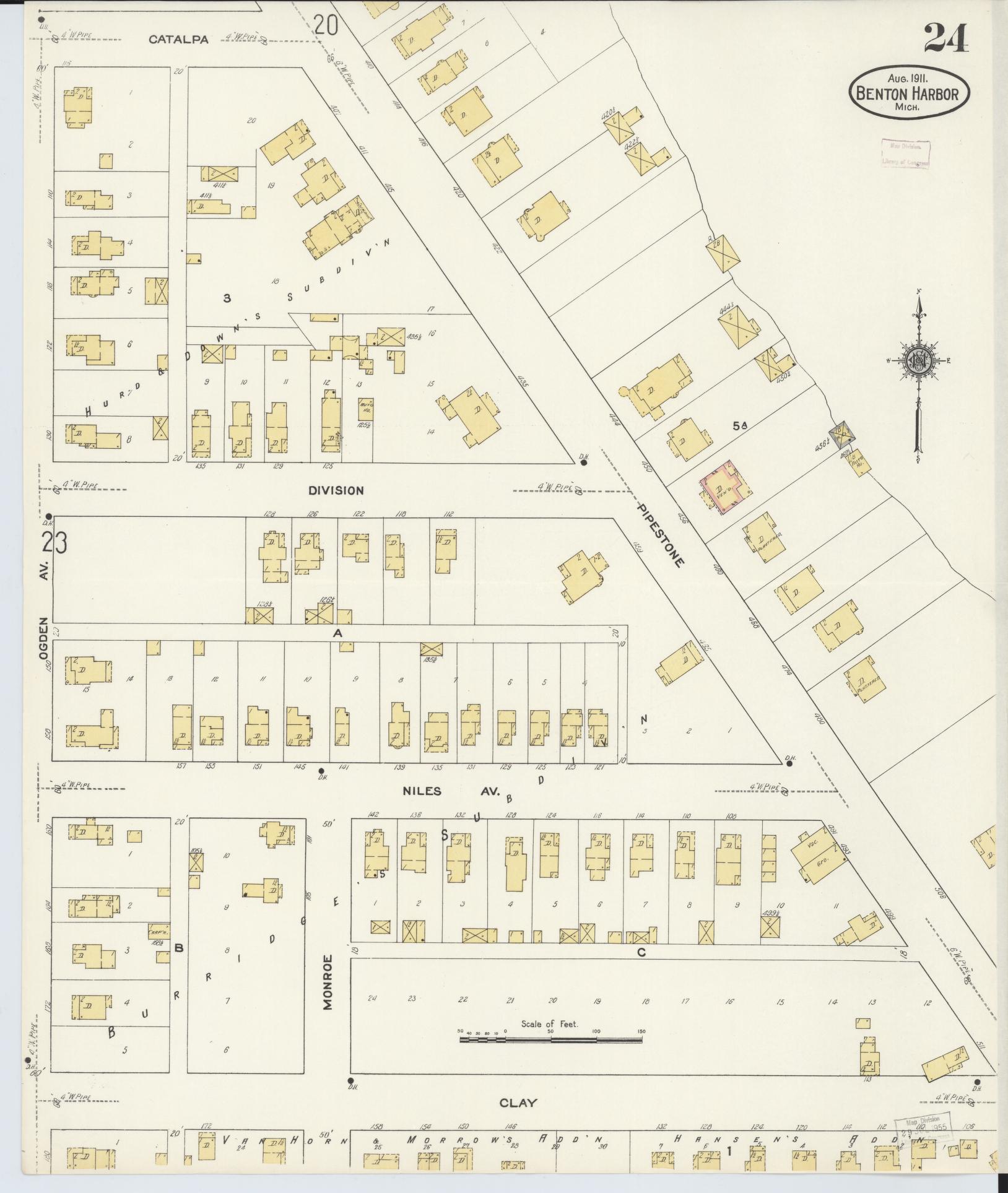 Sanborn Fire Insurance Map from Benton Harbor, Berrien County, Michigan (1911), Sheet #0024 - Historic Sanborn Fire Insurance Map Print, vintage old map wall art, antique decor, genealogy gift, Michigan Michigan map