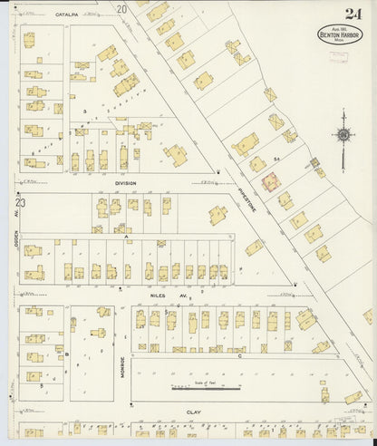 Sanborn Fire Insurance Map from Benton Harbor, Berrien County, Michigan (1911), Sheet #0024 - Historic Sanborn Fire Insurance Map Print, vintage old map wall art, antique decor, genealogy gift, Michigan Michigan map