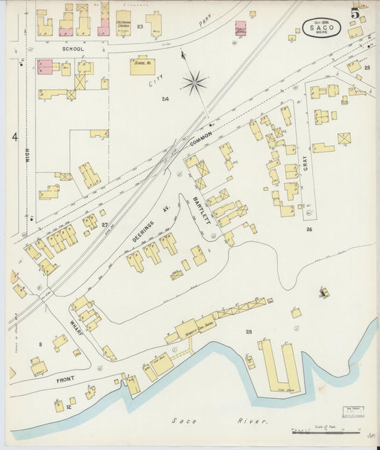 Sanborn Fire Insurance Map from Saco, York County, Maine (1896), Sheet #0005 - Historic Sanborn Fire Insurance Map Print, vintage old map wall art, antique decor, genealogy gift, Maine Maine map