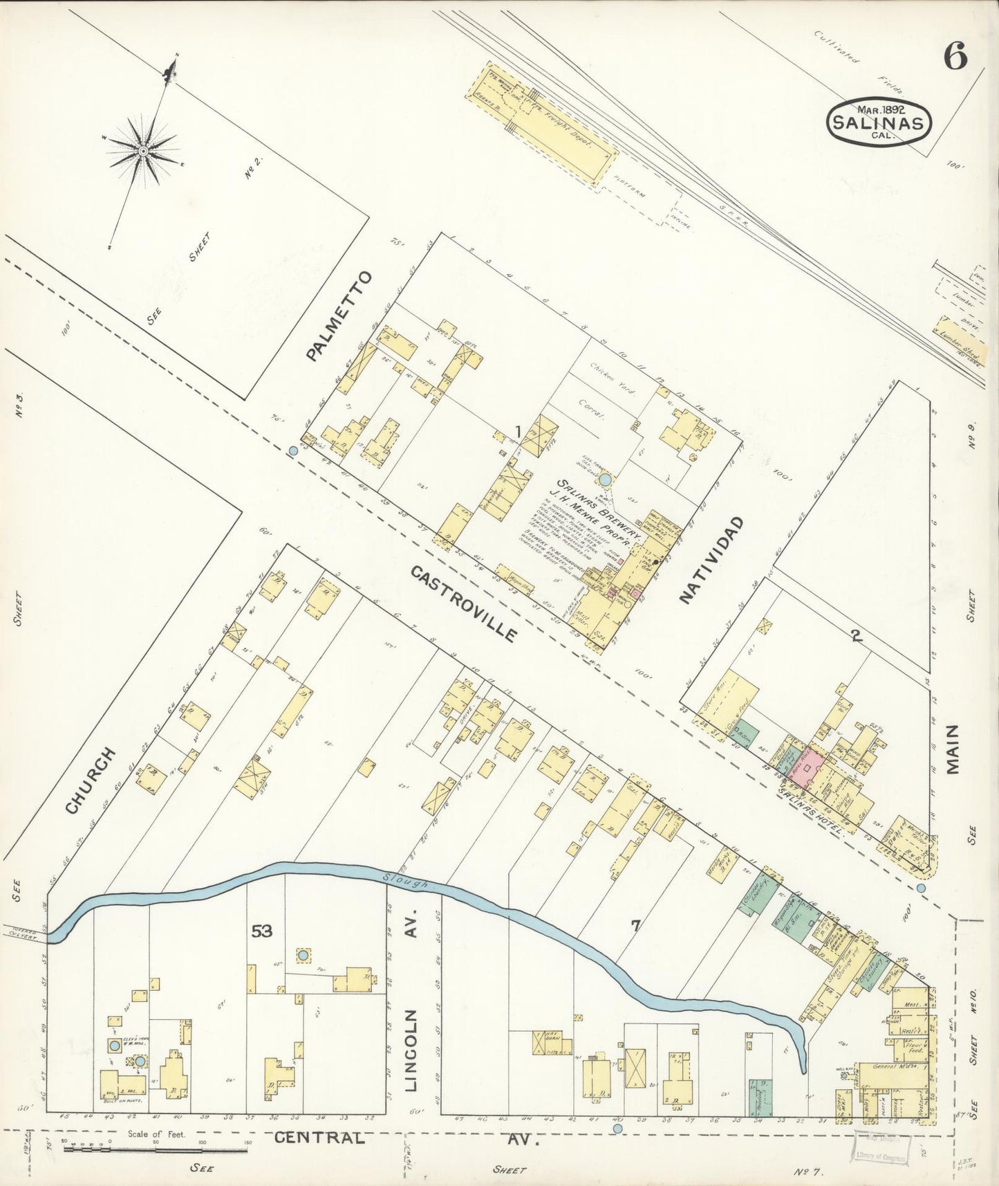 Sanborn Fire Insurance Map from Salinas, Monterey County, California (1892), Sheet #0006 - Complete Map Set gallery image, historic Sanborn map, vintage wall art, California California