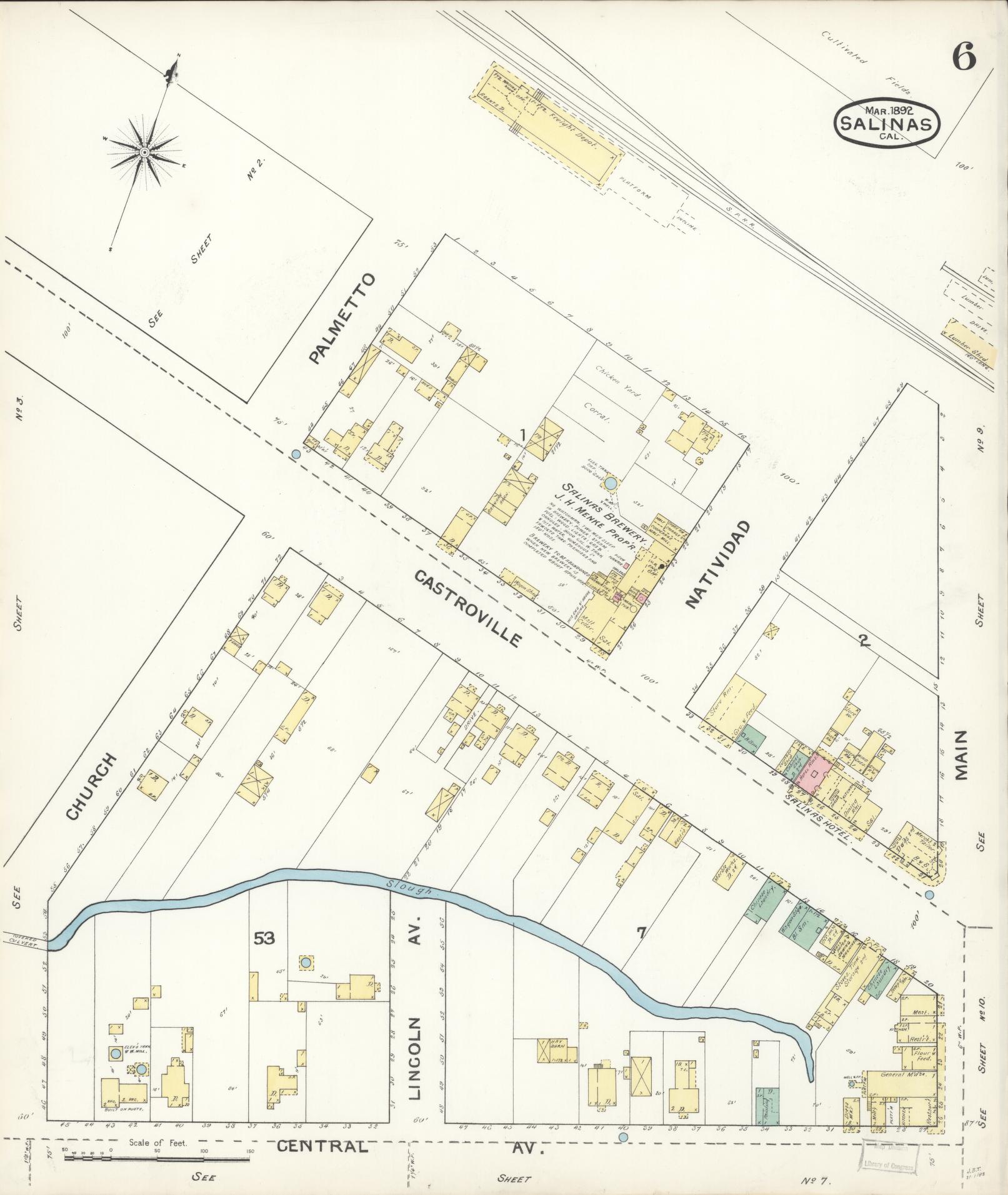 Sanborn Fire Insurance Map from Salinas, Monterey County, California (1892), Sheet #0006 - Complete Map Set gallery image, historic Sanborn map, vintage wall art, California California