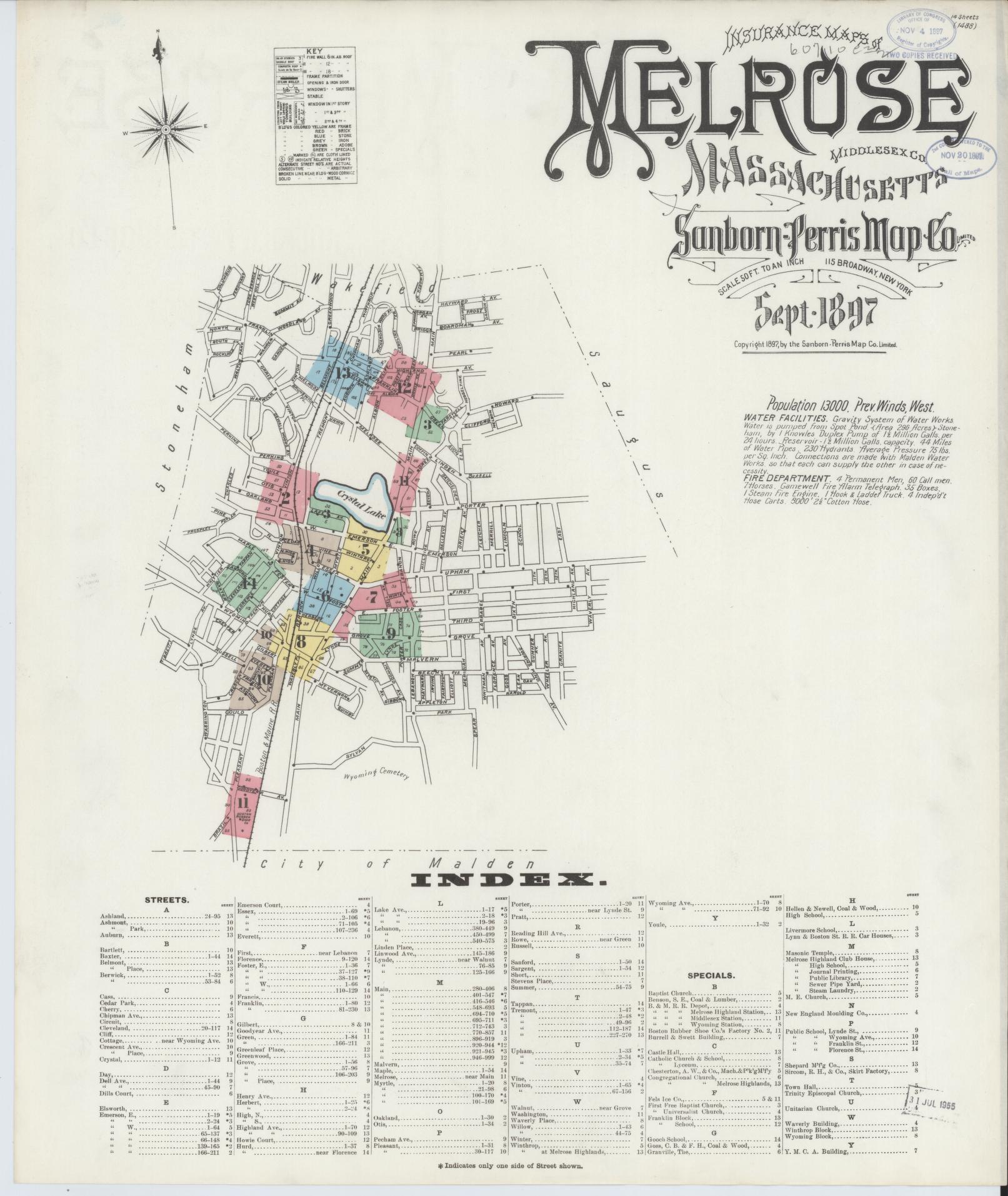 Sanborn Fire Insurance Map from Melrose, Middlesex County, Massachusetts (1897), Sheet #0001 - Historic Sanborn Fire Insurance Map Print, vintage old map wall art, antique decor, genealogy gift, Massachusetts Massachusetts map