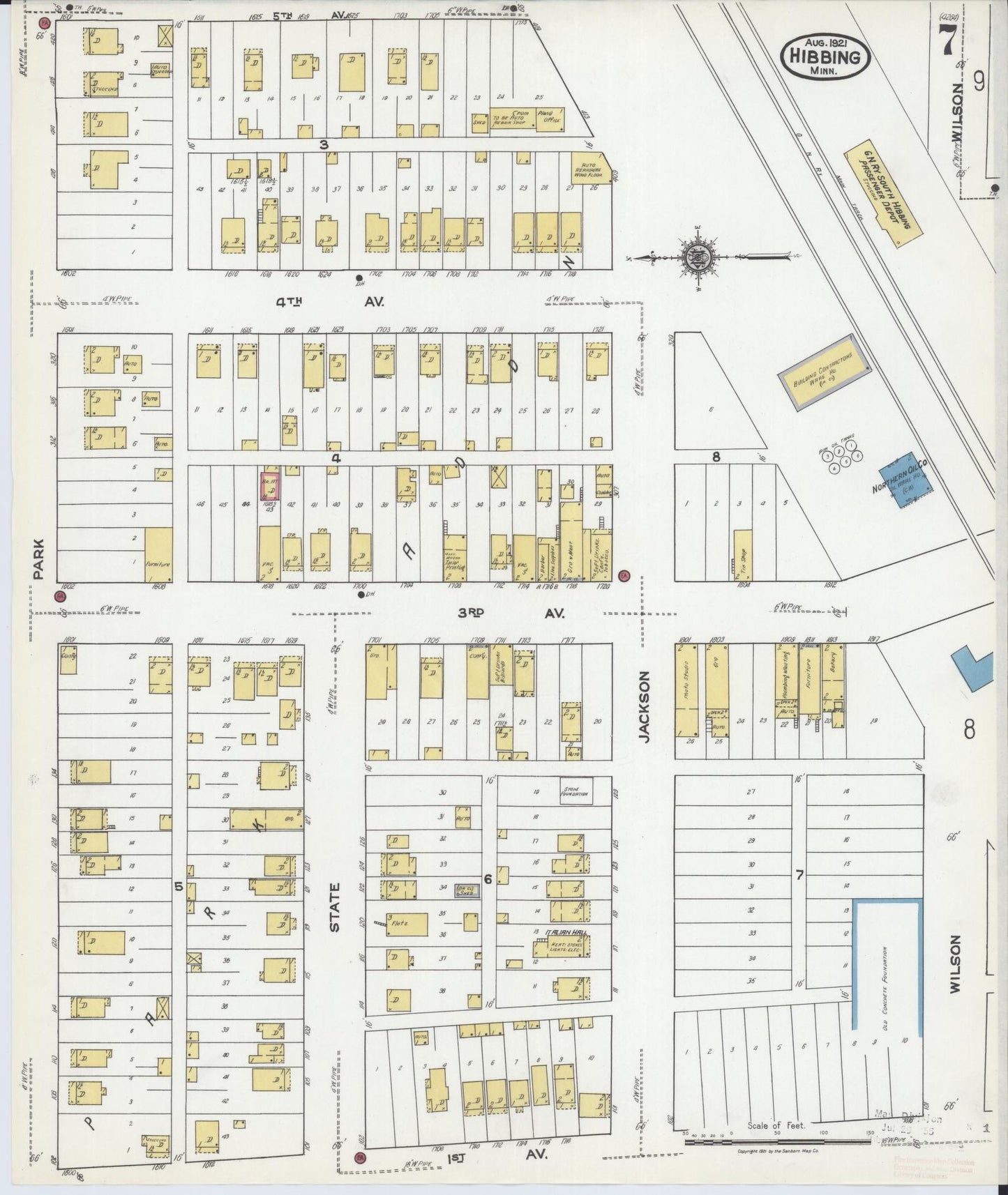 Sanborn Fire Insurance Map from Hibbing, Saint Louis County, Minnesota (1921), Sheet #0007 - Historic Sanborn Fire Insurance Map Print, vintage old map wall art, antique decor, genealogy gift, Minnesota Minnesota map