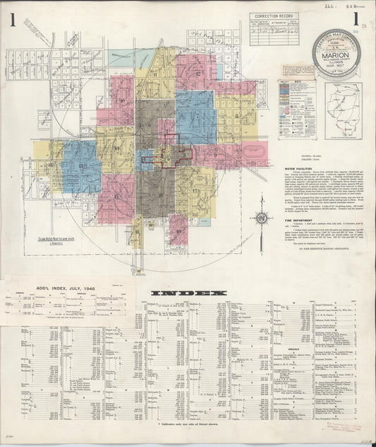 Sanborn Fire Insurance Map from Marion, Williamson County, Illinois (1946), Sheet #0001 - Historic Sanborn Fire Insurance Map Print, vintage old map wall art, antique decor, genealogy gift, Illinois Illinois map