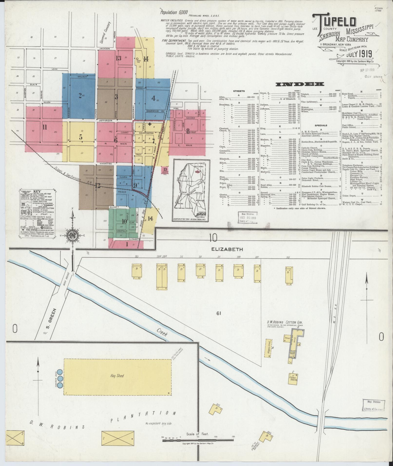 Sanborn Fire Insurance Map from Tupelo, Lee County, Mississippi (1919), Sheet #0001 - Complete Map Set gallery image, historic Sanborn map, vintage wall art, Mississippi Mississippi