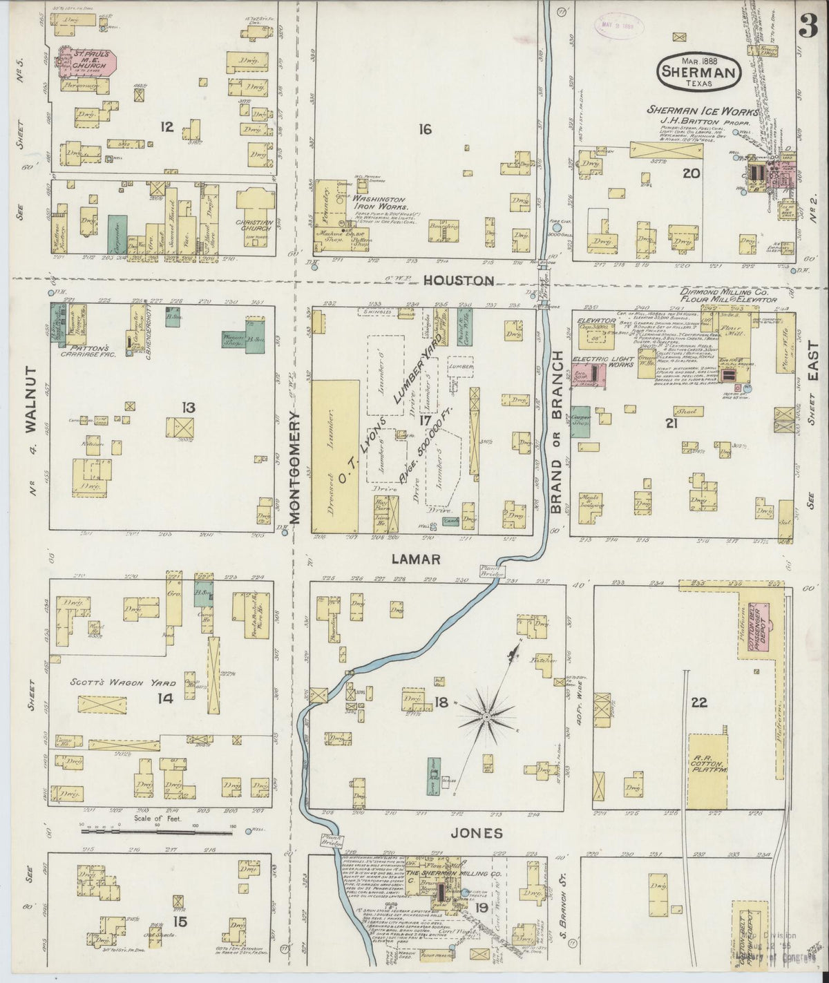 Sanborn Fire Insurance Map from Sherman, Grayson County, Texas (1888), Sheet #0003 - Complete Map Set gallery image, historic Sanborn map, vintage wall art, Texas Texas