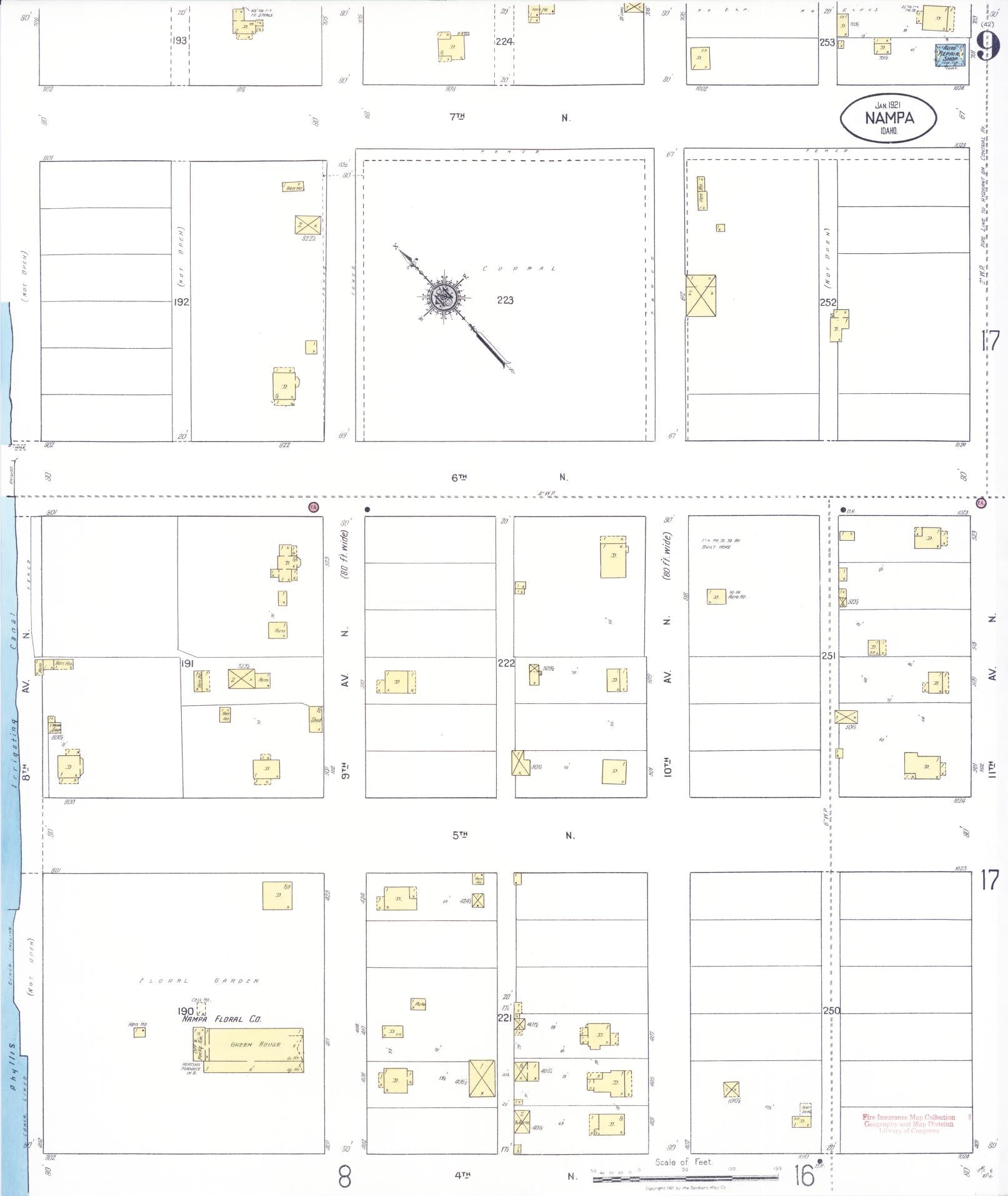 Sanborn Fire Insurance Map from Nampa, Canyon County, Idaho (1921), Sheet #0009 - Historic Sanborn Fire Insurance Map Print, vintage old map wall art, antique decor, genealogy gift, Idaho Idaho map