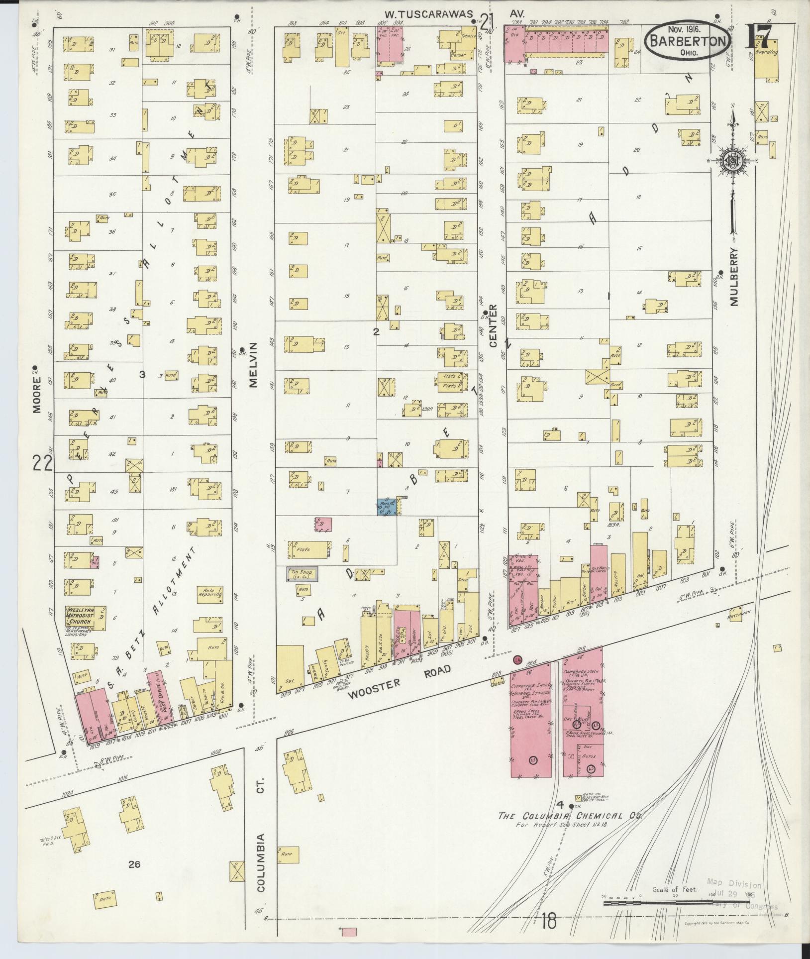 Sanborn Fire Insurance Map from Barberton, Summit County, Ohio (1916), Sheet #0017 - Complete Map Set gallery image, historic Sanborn map, vintage wall art, Ohio Ohio