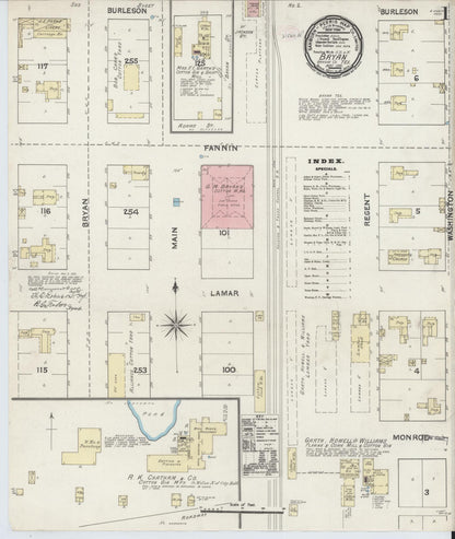 Sanborn Fire Insurance Map from Bryan, Brazos County, Texas (1891), Sheet #0001 - Historic Sanborn Fire Insurance Map Print, vintage old map wall art, antique decor, genealogy gift, Texas Texas map