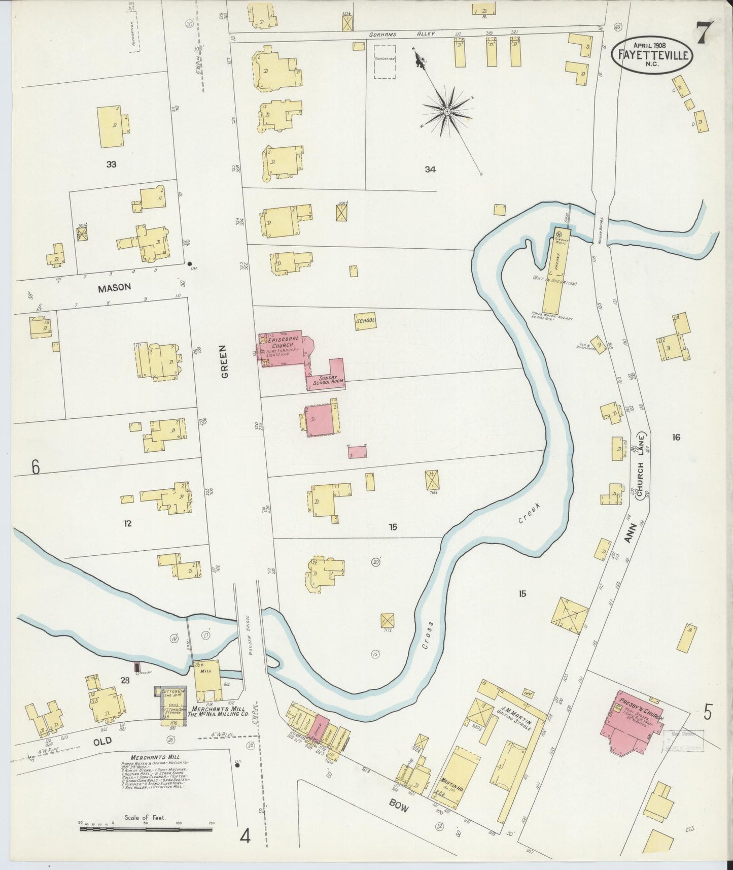 Sanborn Fire Insurance Map from Fayetteville, Cumberland County, North Carolina (1908), Sheet #0007 - Complete Map Set gallery image, historic Sanborn map, vintage wall art, North Carolina North Carolina