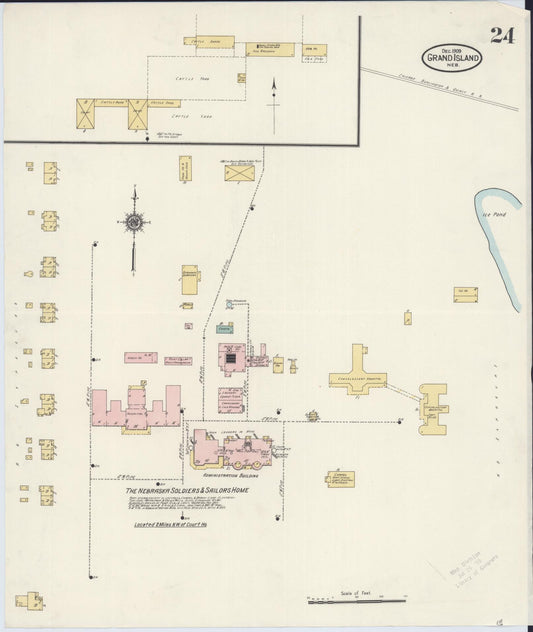 Sanborn Fire Insurance Map from Grand Island, Hall County, Nebraska (1909), Sheet #0024 - Historic Sanborn Fire Insurance Map Print, vintage old map wall art, antique decor, genealogy gift, Nebraska Nebraska map