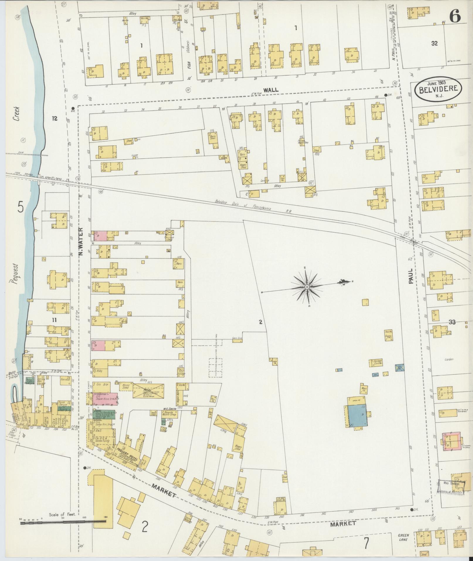 Sanborn Fire Insurance Map from Belvidere, Warren County, New Jersey (1903), Sheet #0006 - Historic Sanborn Fire Insurance Map Print, vintage old map wall art, antique decor, genealogy gift, New Jersey New Jersey map