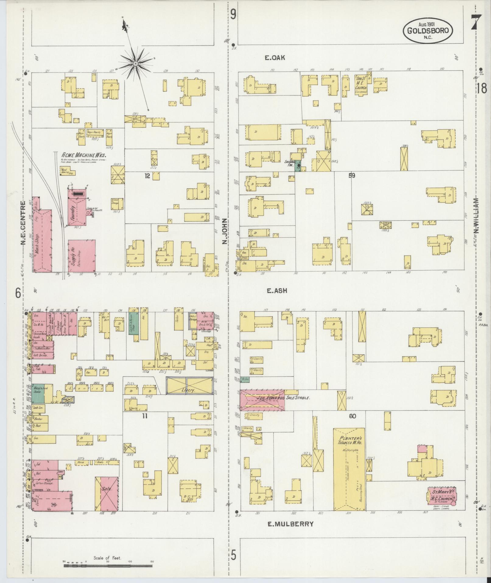 Sanborn Fire Insurance Map from Goldsboro, Wayne County, North Carolina (1901), Sheet #0007 - Historic Sanborn Fire Insurance Map Print, vintage old map wall art, antique decor, genealogy gift, North Carolina North Carolina map