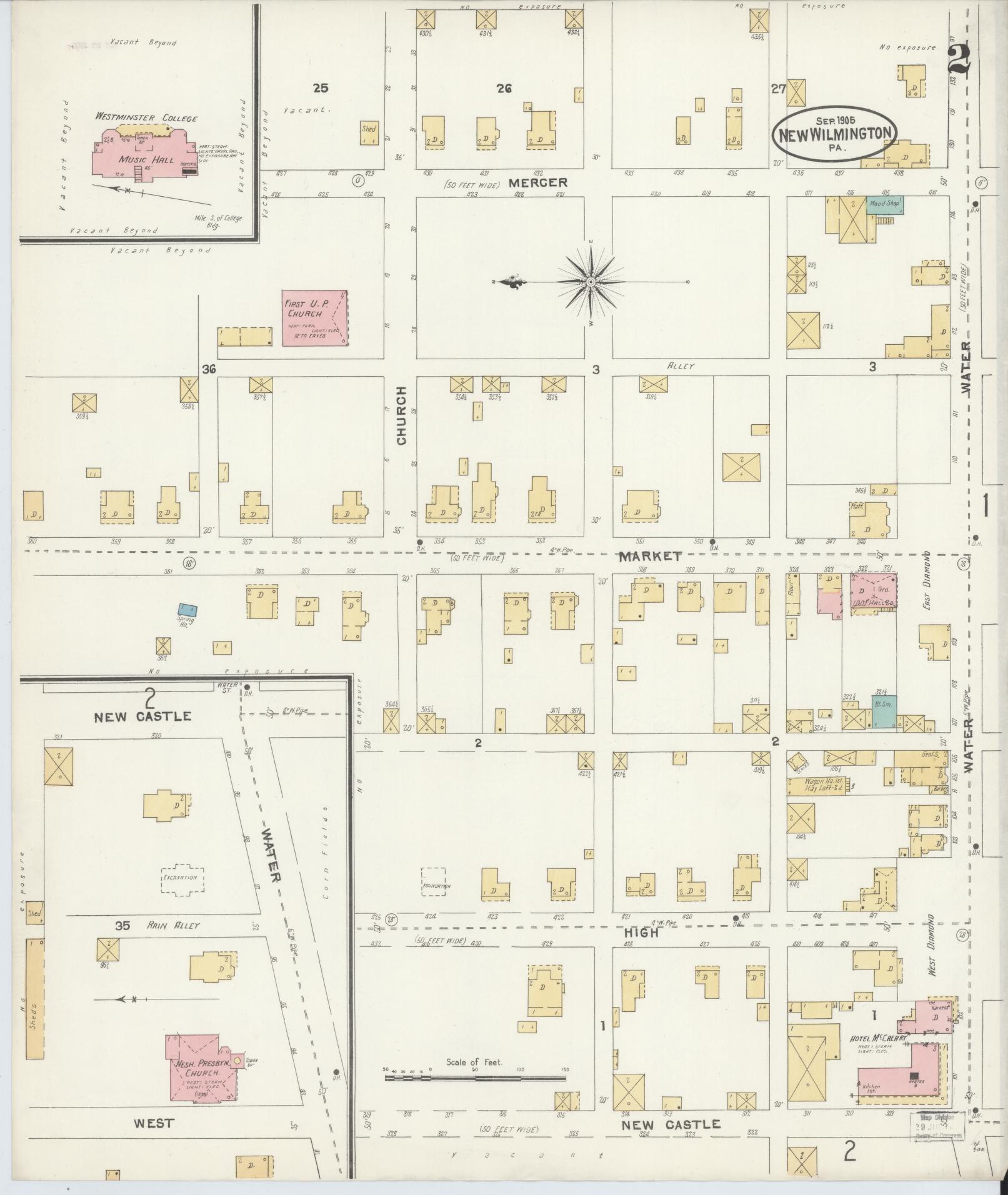 Sanborn Fire Insurance Map from New Wilmington, Lawrence County, Pennsylvania (1905), Sheet #0002 - Complete Map Set gallery image, historic Sanborn map, vintage wall art, Pennsylvania Pennsylvania