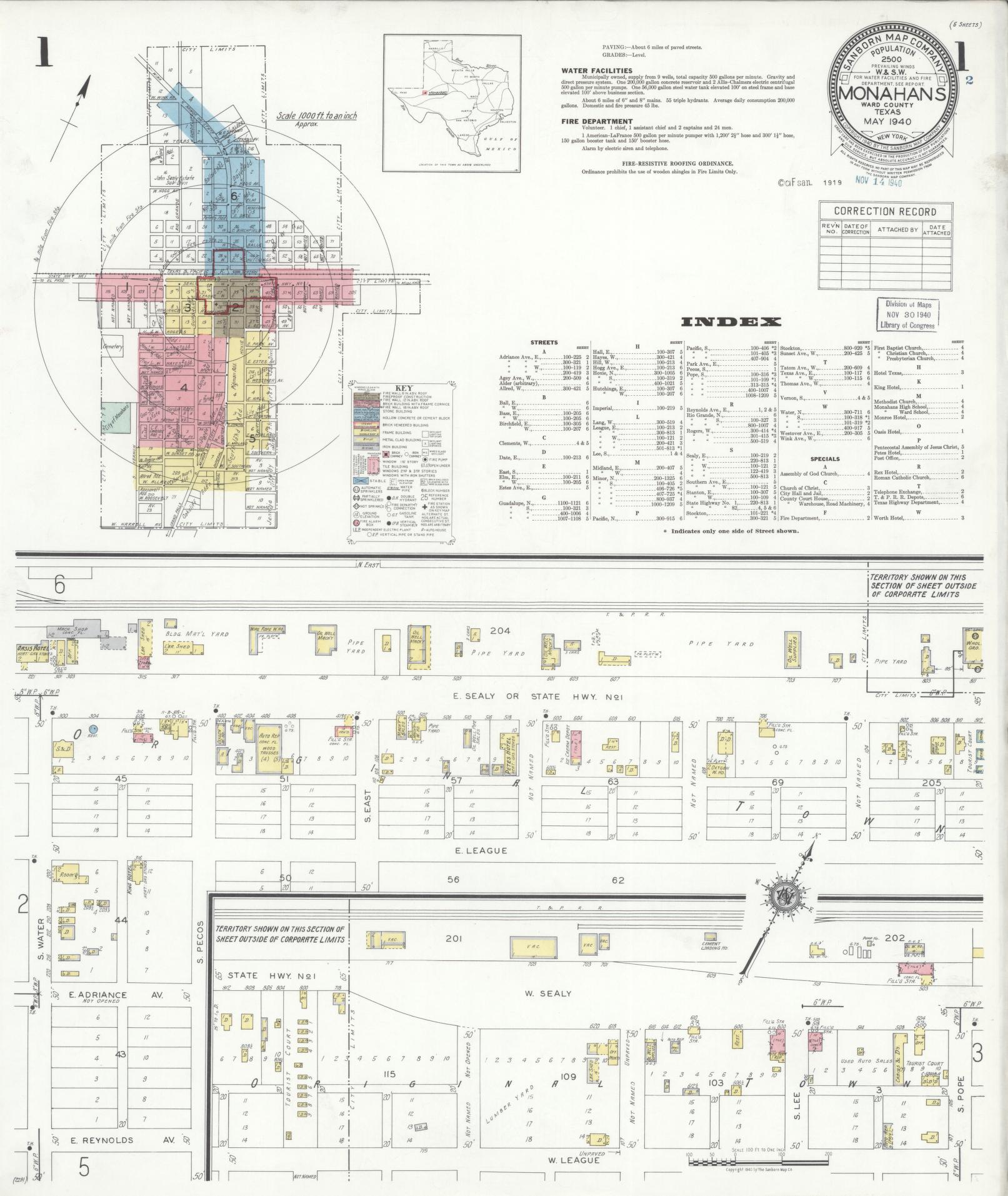 Sanborn Fire Insurance Map from Monahans, Ward County, Texas (1940), Sheet #0001 - Historic Sanborn Fire Insurance Map Print, vintage old map wall art, antique decor, genealogy gift, Texas Texas map