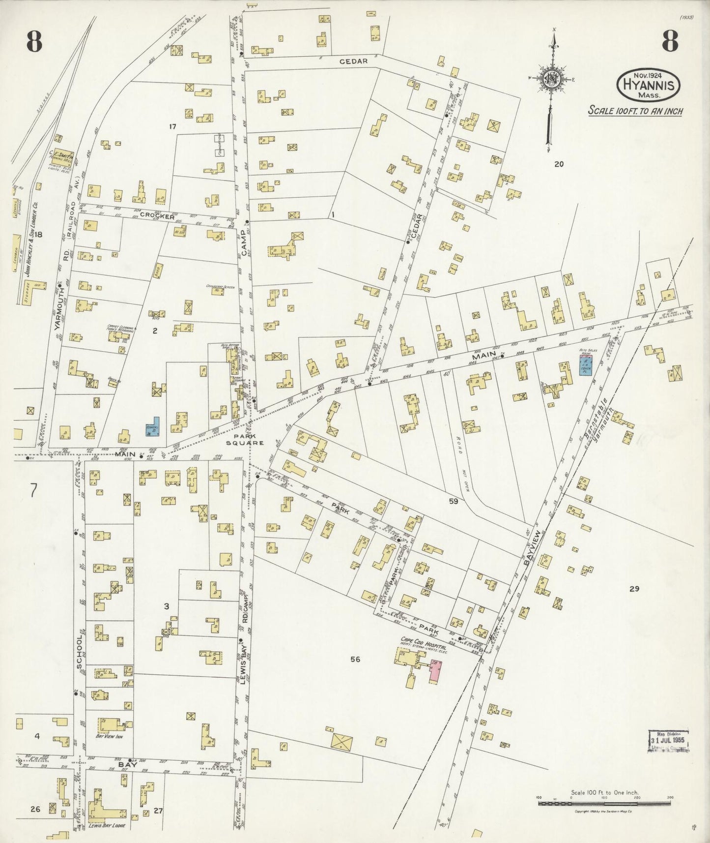 Sanborn Fire Insurance Map from Hyannis, Barnstable County, Massachusetts (1924), Sheet #0008 - Complete Map Set gallery image, historic Sanborn map, vintage wall art, Massachusetts Massachusetts