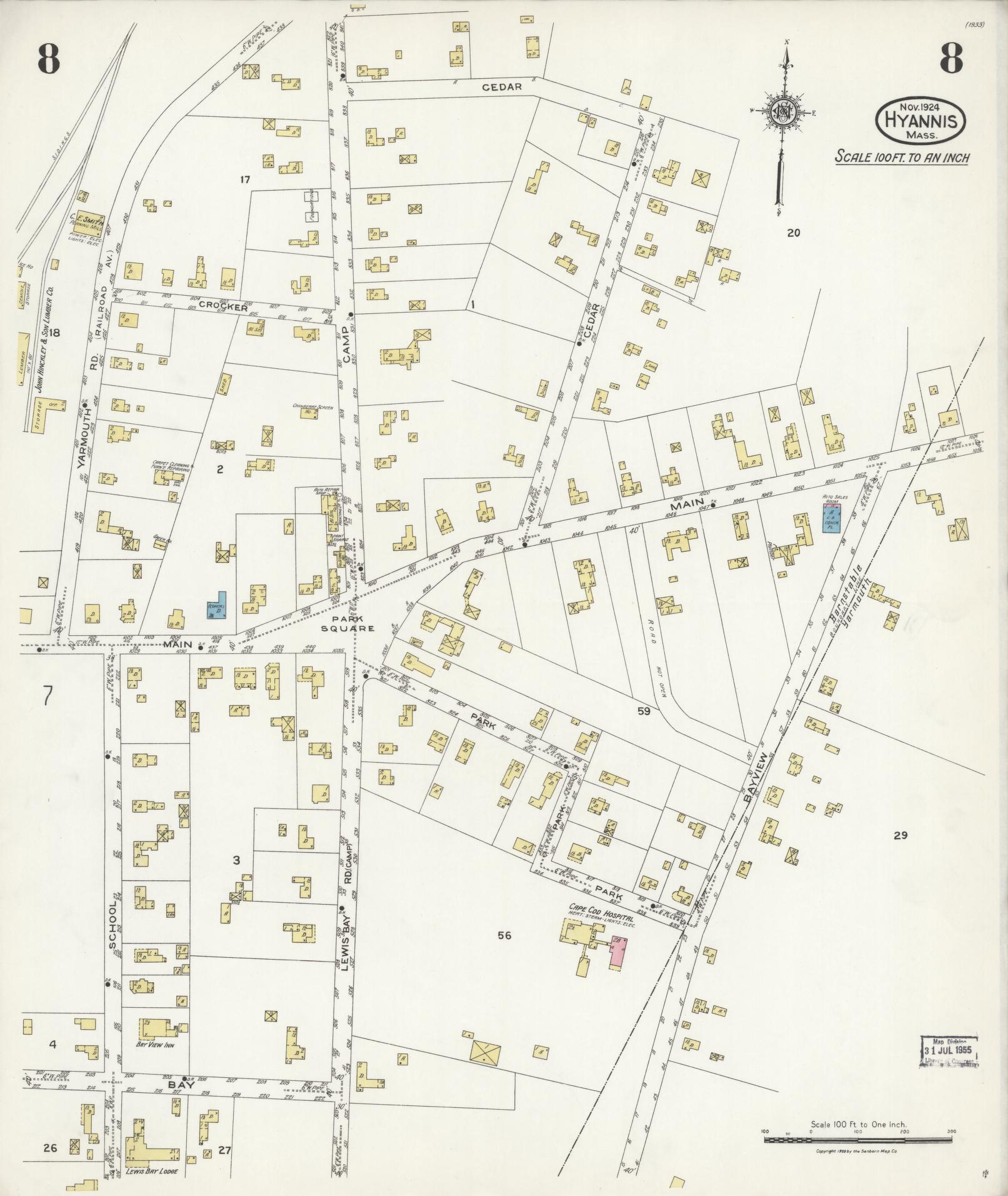 Sanborn Fire Insurance Map from Hyannis, Barnstable County, Massachusetts (1924), Sheet #0008 - Complete Map Set gallery image, historic Sanborn map, vintage wall art, Massachusetts Massachusetts