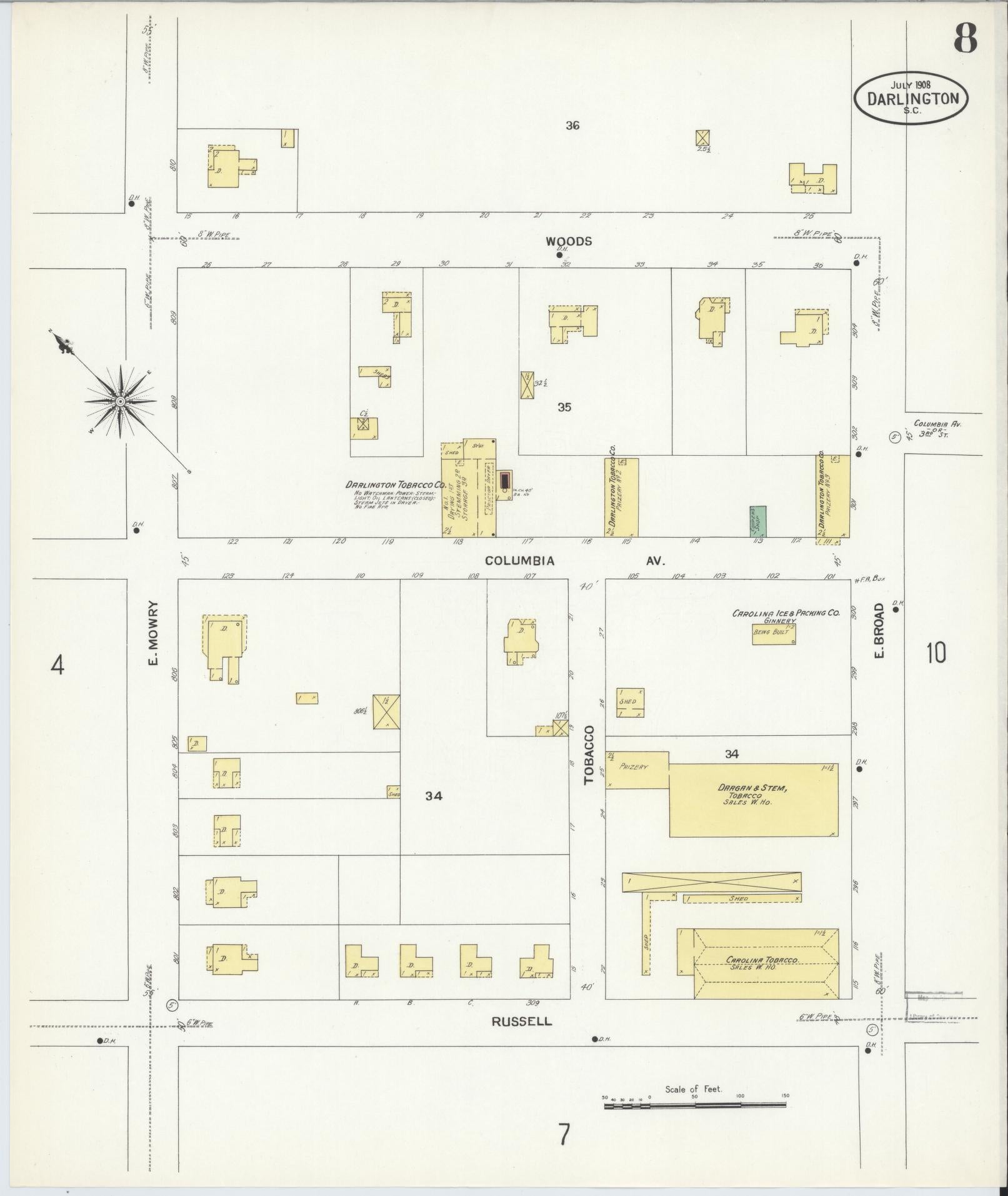 Sanborn Fire Insurance Map from Darlington, Darlington County, South Carolina (1908), Sheet #0008 - Complete Map Set gallery image, historic Sanborn map, vintage wall art, South Carolina South Carolina