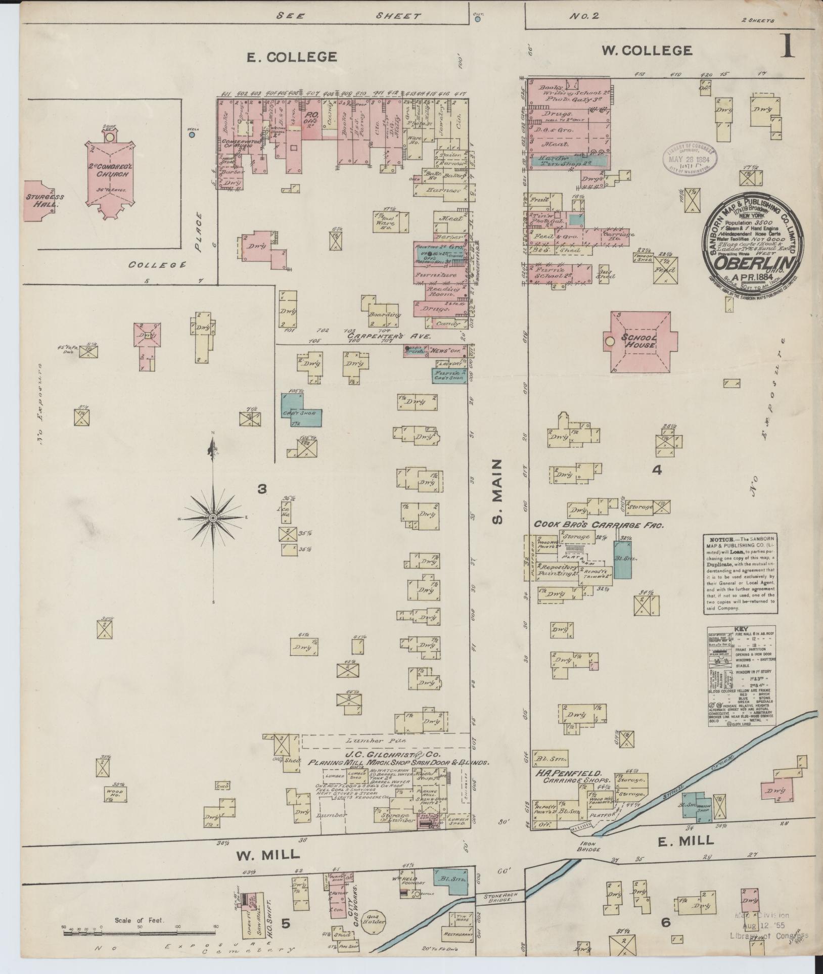 Sanborn Fire Insurance Map from Oberlin, Lorain County, Ohio (1884), Sheet #0001 - Historic Sanborn Fire Insurance Map Print, vintage old map wall art, antique decor, genealogy gift, Ohio Ohio map