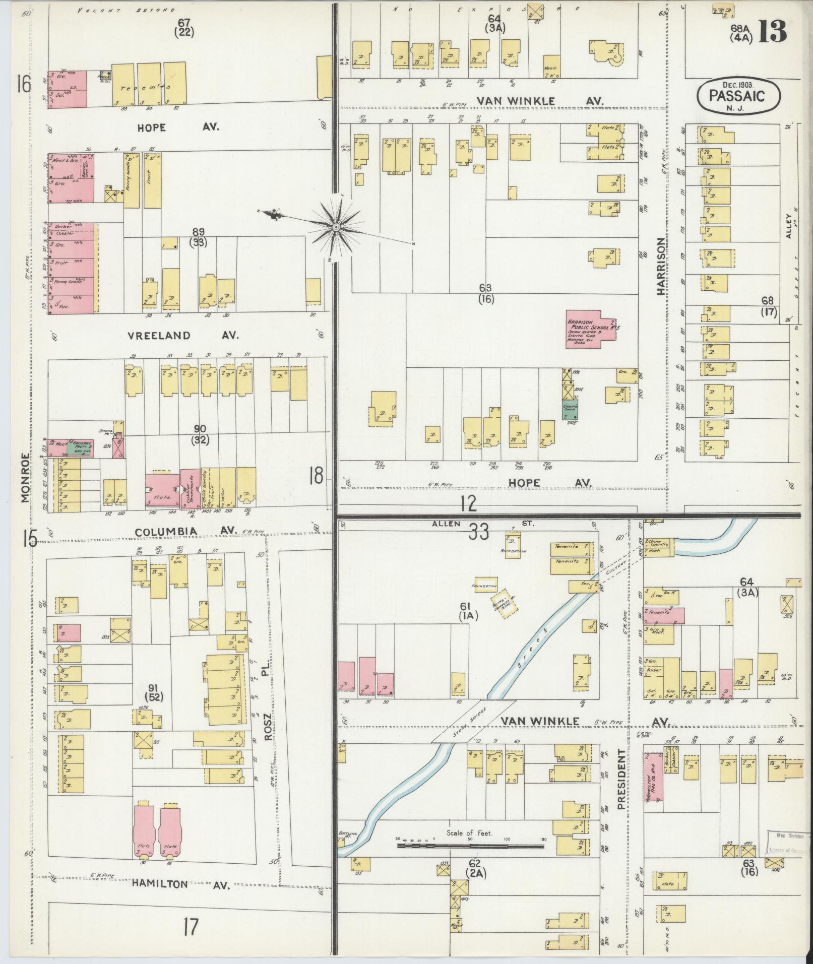 Sanborn Fire Insurance Map from Passaic, Passaic County, New Jersey (1903), Sheet #0013 - Historic Sanborn Fire Insurance Map Print, vintage old map wall art, antique decor, genealogy gift, New Jersey New Jersey map