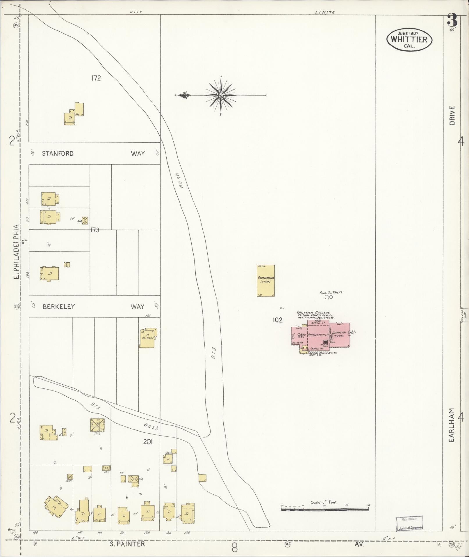 Sanborn Fire Insurance Map from Whittier, Los Angeles County, California (1907), Sheet #0003 - Complete Map Set gallery image, historic Sanborn map, vintage wall art, California California