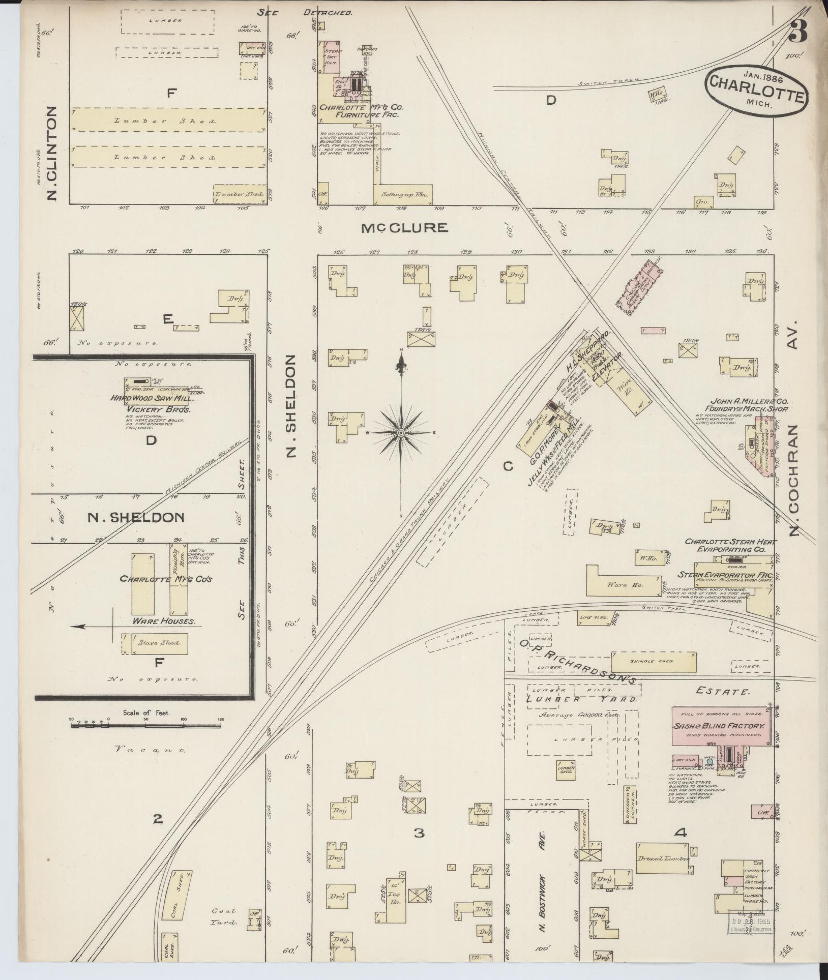Sanborn Fire Insurance Map from Charlotte, Eaton County, Michigan (1886), Sheet #0003 - Historic Sanborn Fire Insurance Map Print, vintage old map wall art, antique decor, genealogy gift, Michigan Michigan map