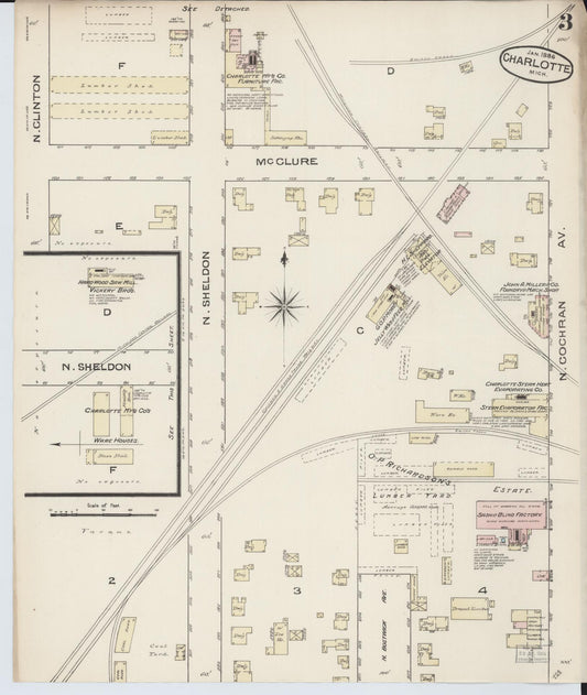 Sanborn Fire Insurance Map from Charlotte, Eaton County, Michigan (1886), Sheet #0003 - Historic Sanborn Fire Insurance Map Print, vintage old map wall art, antique decor, genealogy gift, Michigan Michigan map