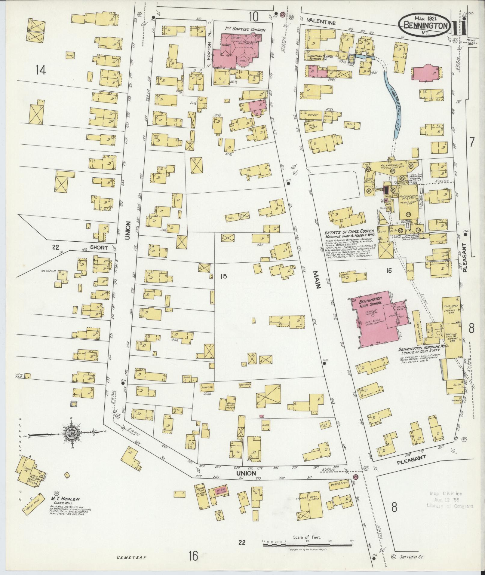 Sanborn Fire Insurance Map from Bennington, Bennington County, Vermont (1921), Sheet #0011 - Complete Map Set gallery image, historic Sanborn map, vintage wall art, Vermont Vermont