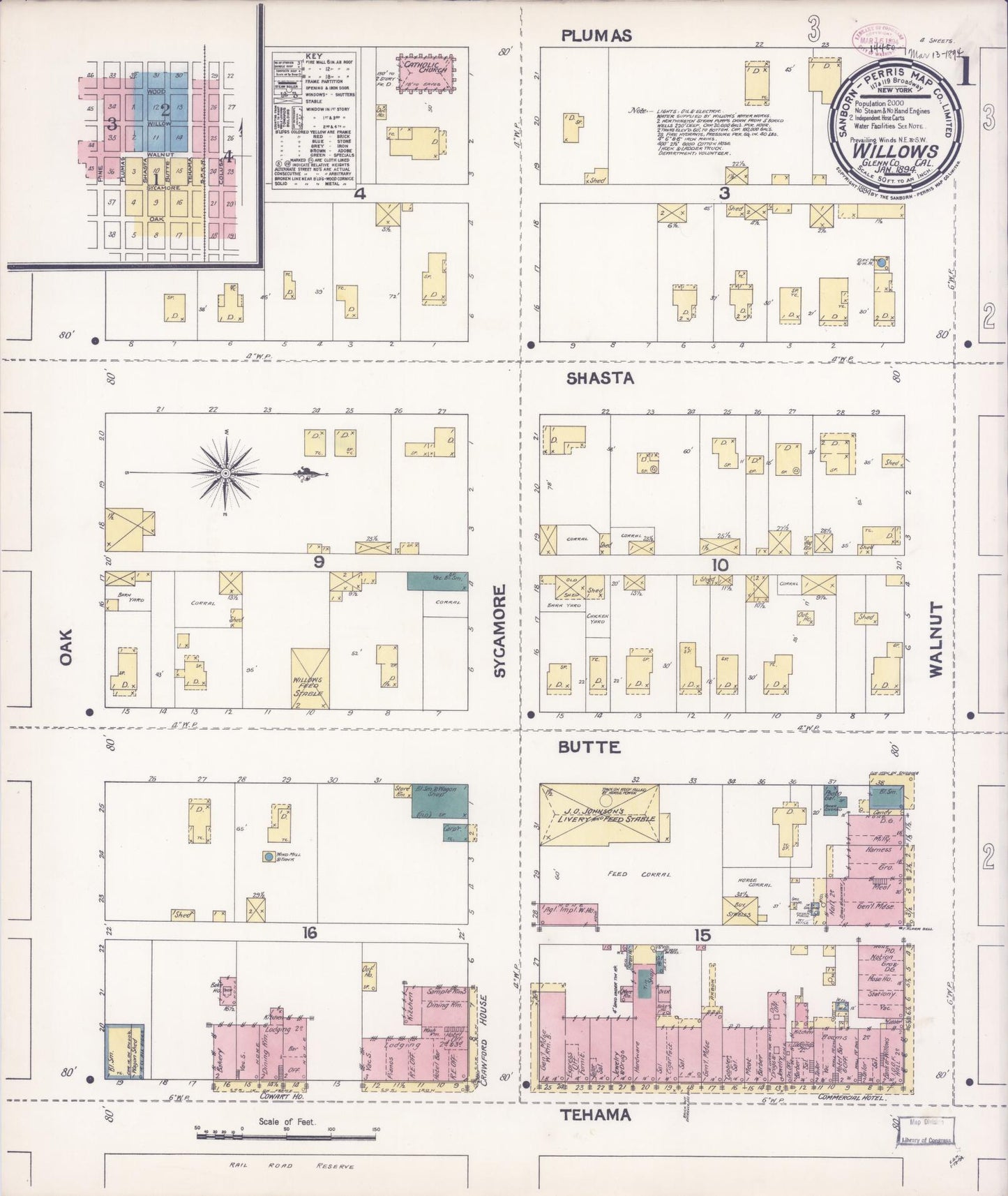 Sanborn Fire Insurance Map from Willows, Glenn County, California (1894), Sheet #0001 - Complete Map Set gallery image, historic Sanborn map, vintage wall art, California California
