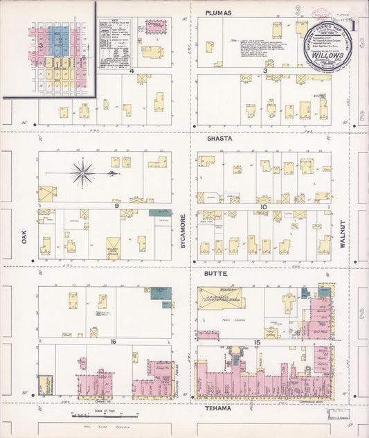 Sanborn Fire Insurance Map from Willows, Glenn County, California (1894), Sheet #0001 - Complete Map Set gallery image, historic Sanborn map, vintage wall art, California California