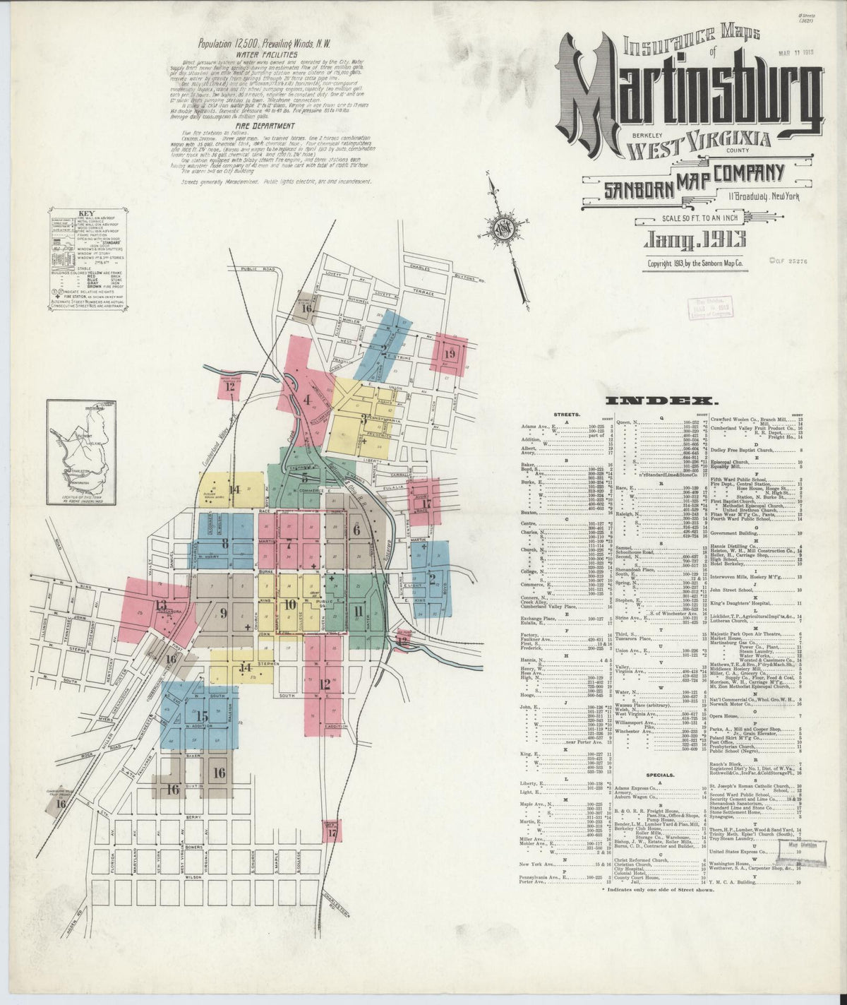 Sanborn Fire Insurance Map from Martinsburg, Berkeley County, West Virginia (1913), Sheet #0001 - Complete Map Set gallery image, historic Sanborn map, vintage wall art, West Virginia West Virginia