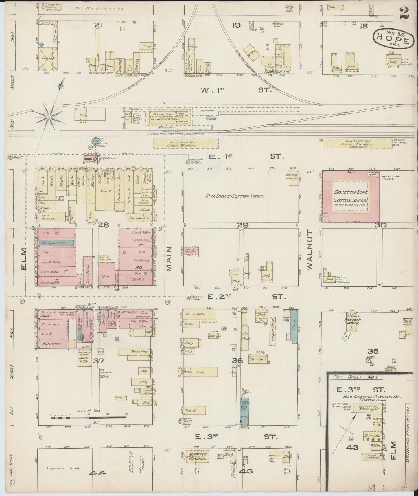 Sanborn Fire Insurance Map from Hope, Hempstead County, Arkansas (1885), Sheet #0002 - Complete Map Set gallery image, historic Sanborn map, vintage wall art, Arkansas Arkansas