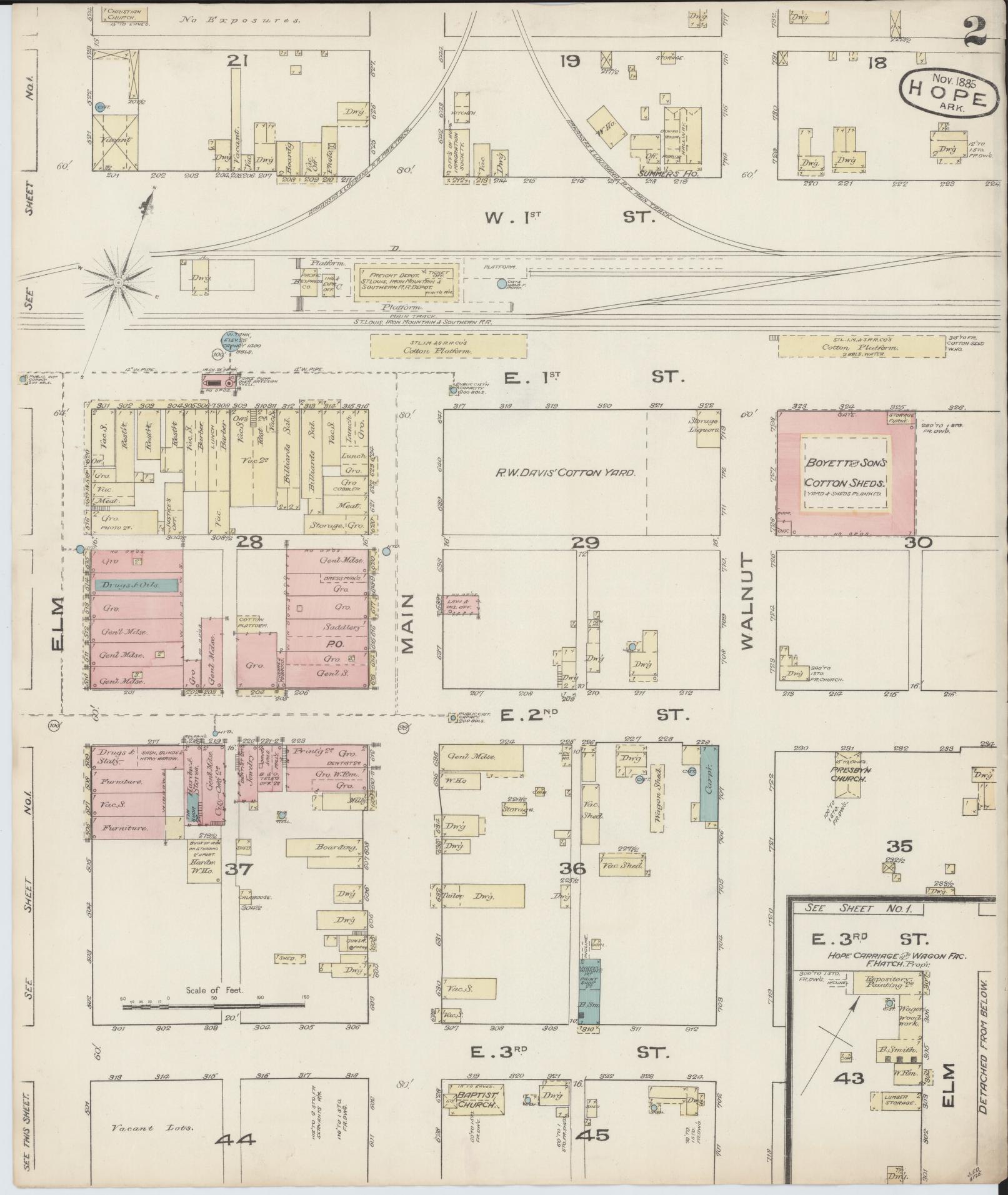 Sanborn Fire Insurance Map from Hope, Hempstead County, Arkansas (1885), Sheet #0002 - Complete Map Set gallery image, historic Sanborn map, vintage wall art, Arkansas Arkansas