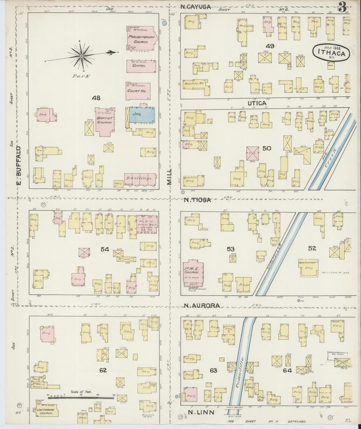 Sanborn Fire Insurance Map from Ithaca, Tompkins County, New York (1888), Sheet #0003 - Complete Map Set gallery image, historic Sanborn map, vintage wall art, New York New York