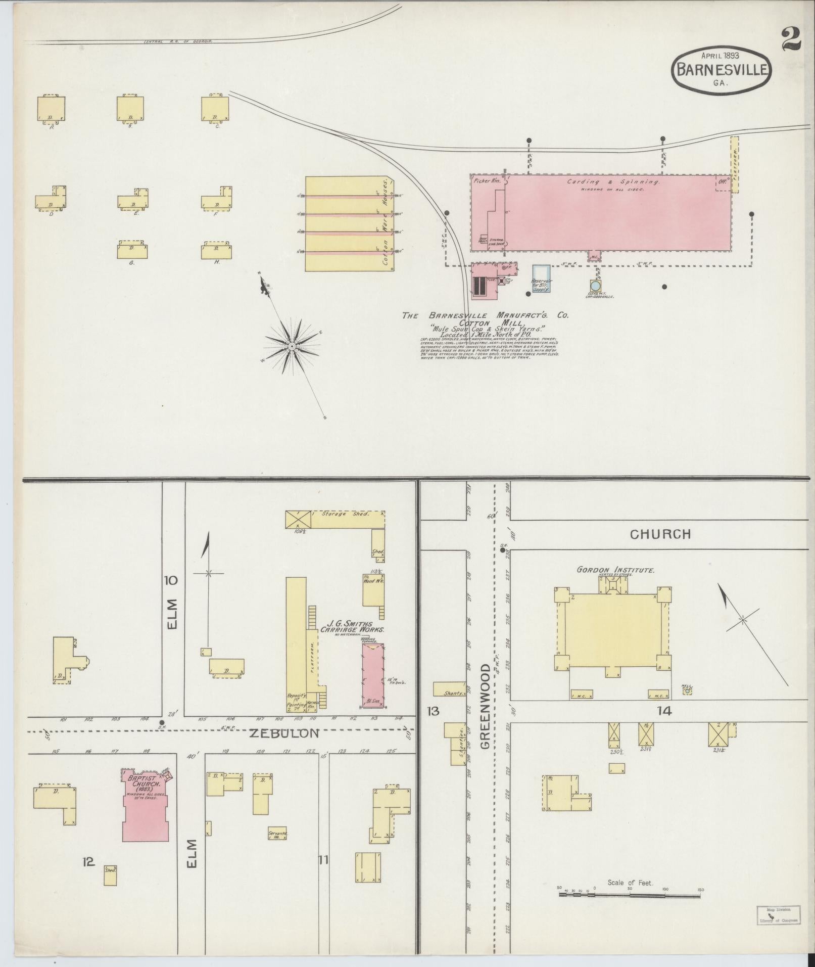 Sanborn Fire Insurance Map from Barnesville, Lamar County, Georgia (1893), Sheet #0002 - Historic Sanborn Fire Insurance Map Print, vintage old map wall art, antique decor, genealogy gift, Georgia Georgia map
