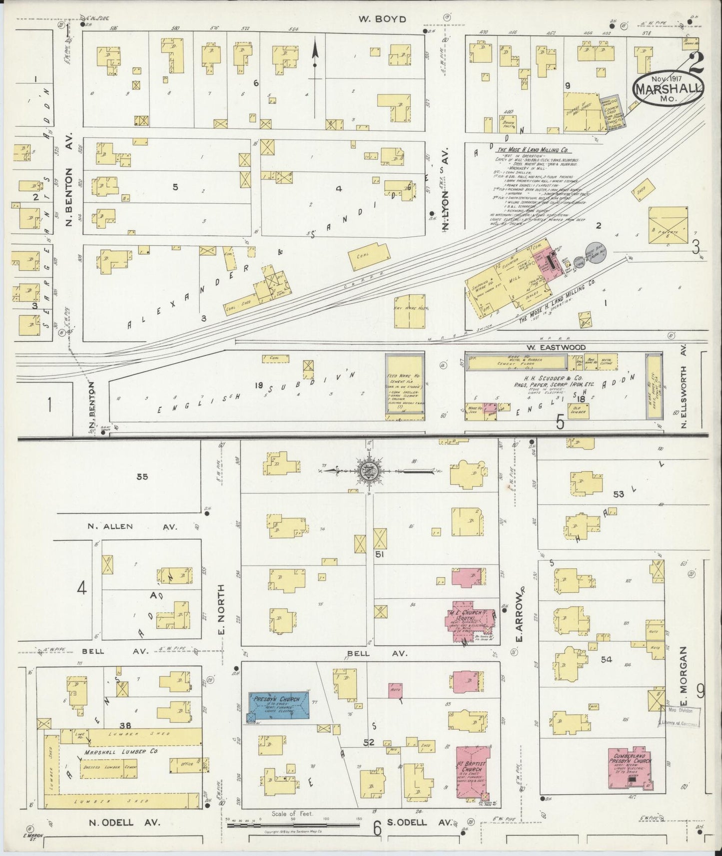 Sanborn Fire Insurance Map from Marshall, Saline County, Missouri (1917), Sheet #0002 - Historic Sanborn Fire Insurance Map Print, vintage old map wall art, antique decor, genealogy gift, Missouri Missouri map