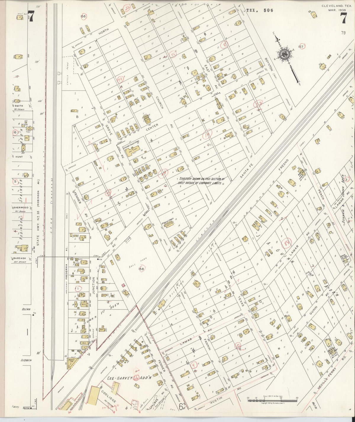 Sanborn Fire Insurance Map from Cleveland, Liberty County, Texas (1939), Sheet #0007 - Complete Map Set gallery image, historic Sanborn map, vintage wall art, Texas Texas