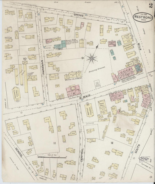 Sanborn Fire Insurance Map from Westboro, Worcester County, Massachusetts (1888), Sheet #0002 - Historic Sanborn Fire Insurance Map Print, vintage old map wall art, antique decor, genealogy gift, Massachusetts Massachusetts map