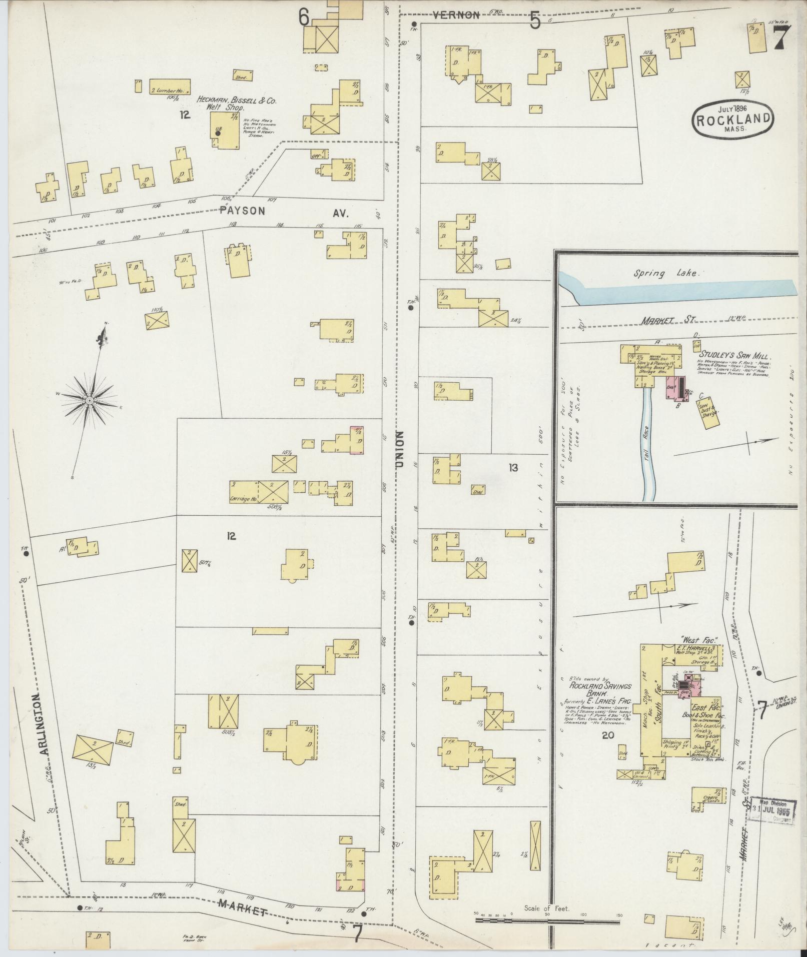 Sanborn Fire Insurance Map from Rockland, Plymouth County, Massachusetts (1896), Sheet #0007 - Historic Sanborn Fire Insurance Map Print, vintage old map wall art, antique decor, genealogy gift, Massachusetts Massachusetts map