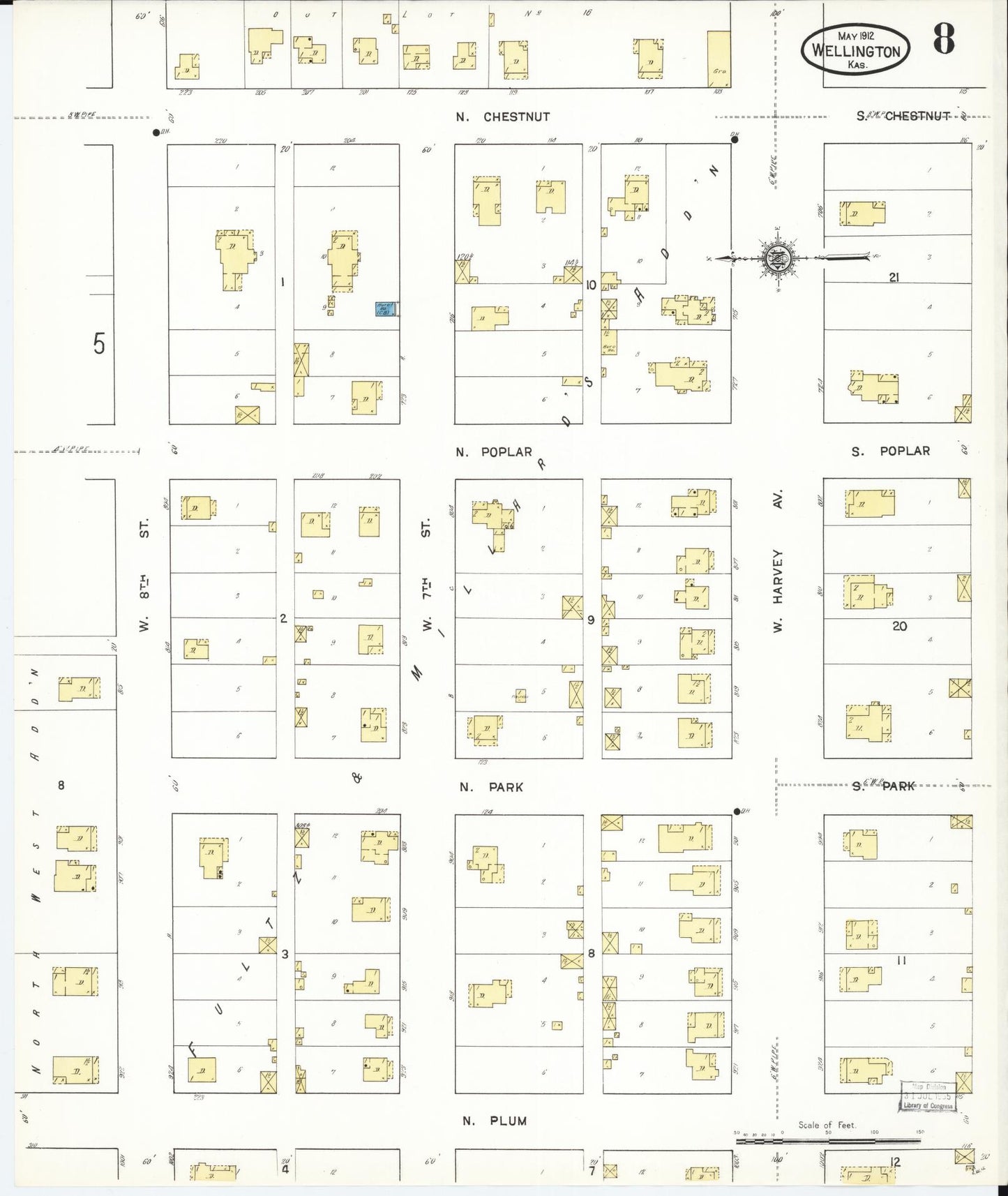Sanborn Fire Insurance Map from Wellington, Sumner County, Kansas (1912), Sheet #0008 - Complete Map Set gallery image, historic Sanborn map, vintage wall art, Kansas Kansas