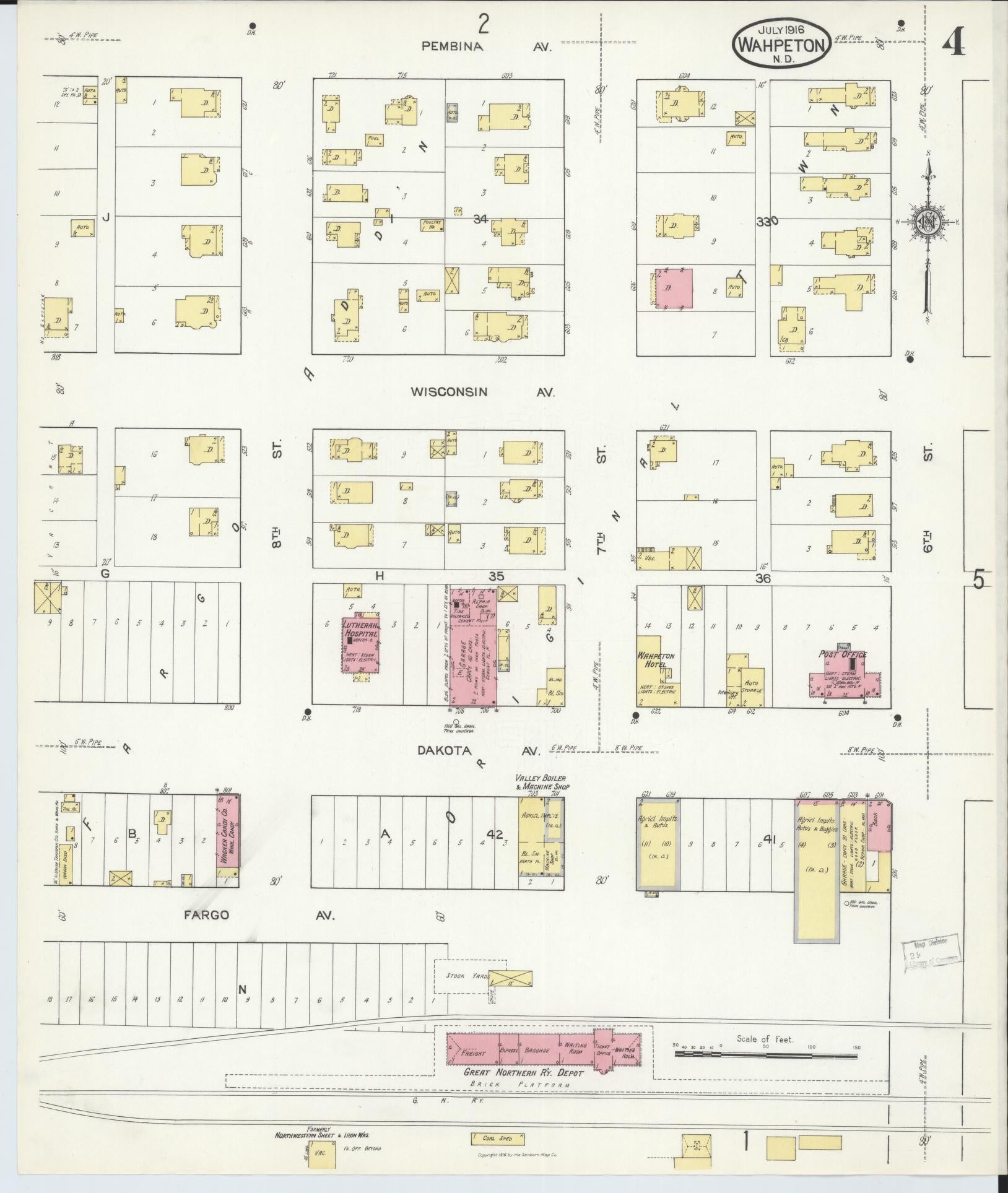 Sanborn Fire Insurance Map from Wahpeton, Richland County, North Dakota (1916), Sheet #0004 - Complete Map Set gallery image, historic Sanborn map, vintage wall art, North Dakota North Dakota