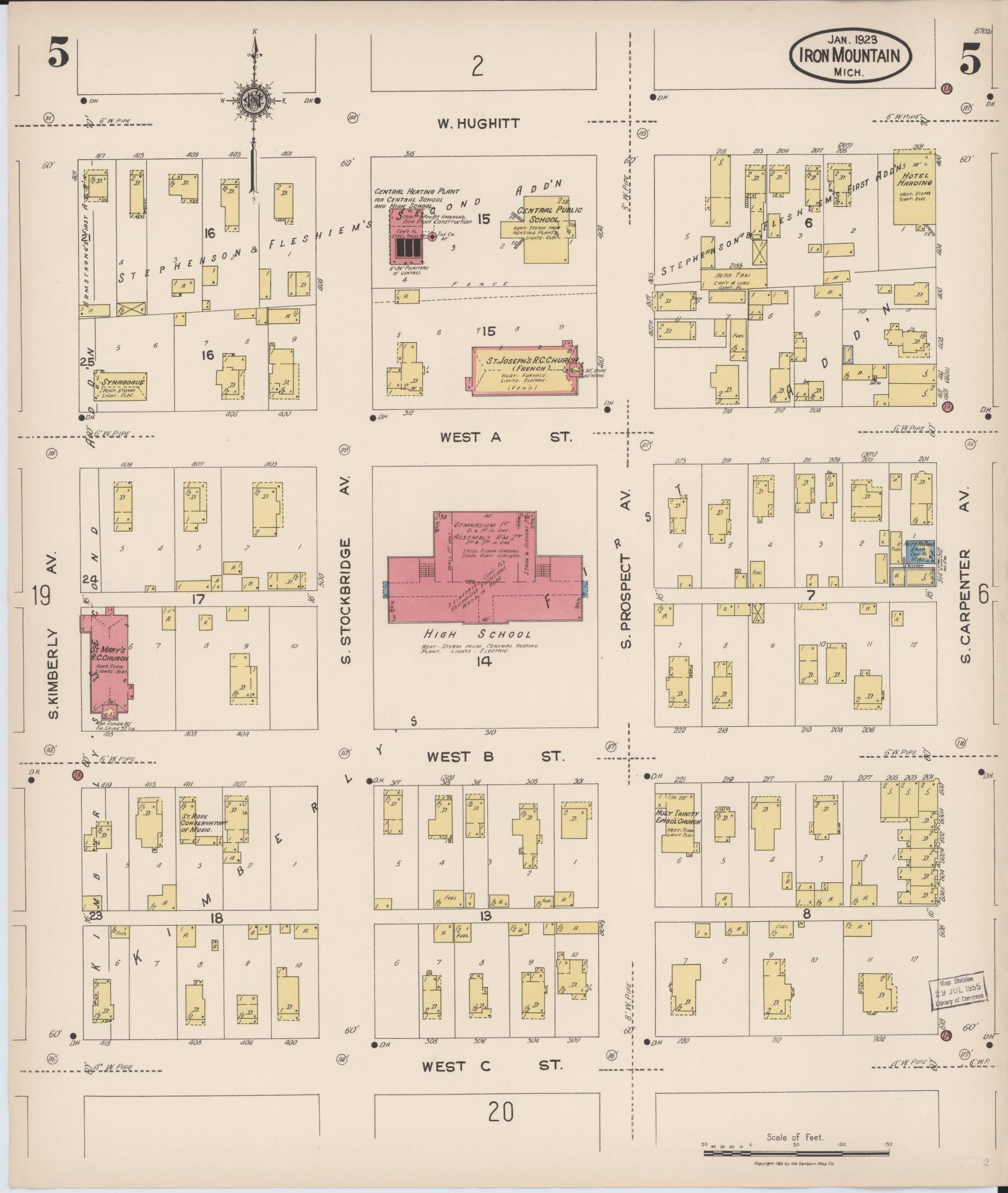 Sanborn Fire Insurance Map from Iron Mountain, Dickinson County, Michigan (1923), Sheet #0005 - Historic Sanborn Fire Insurance Map Print, vintage old map wall art, antique decor, genealogy gift, Michigan Michigan map